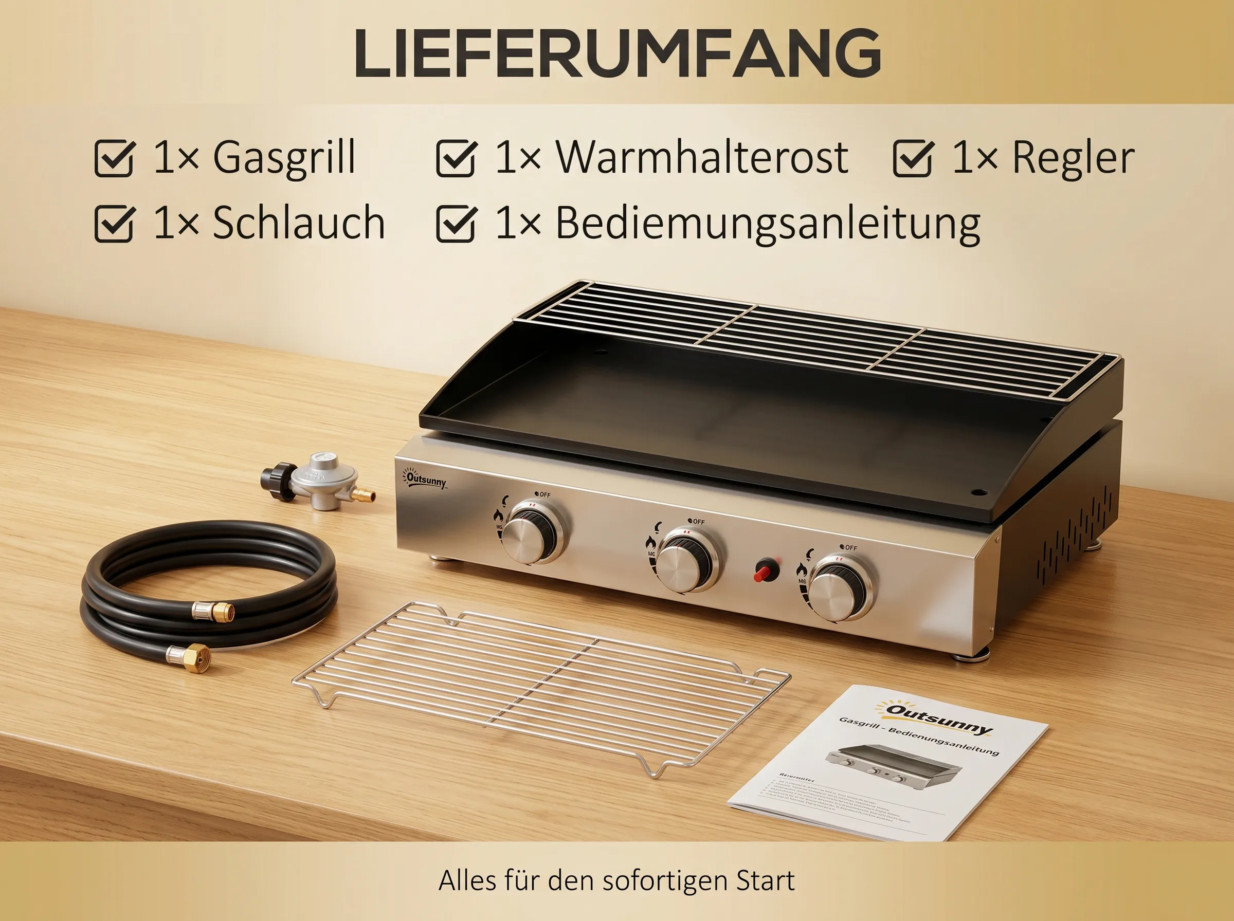 Gasgrill mit Zubehör: Schlauch, Regler, Warmhalterost und Anleitung auf Holztisch.