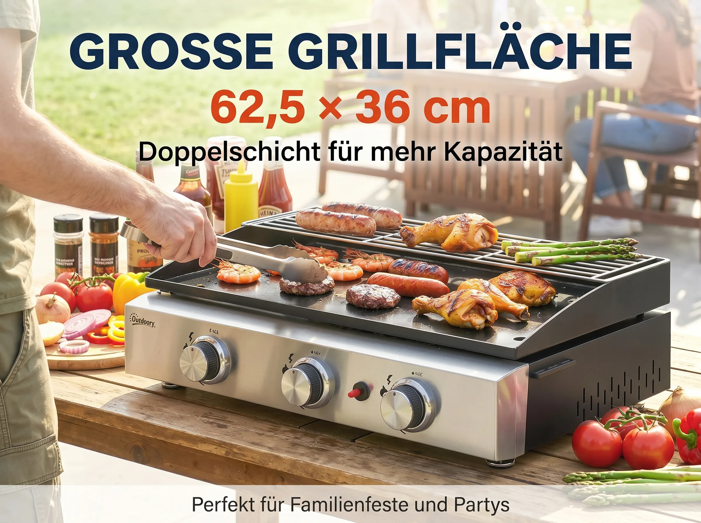 Grill mit Würstchen, Hähnchen, Garnelen und Spargel. Zutaten liegen daneben.
