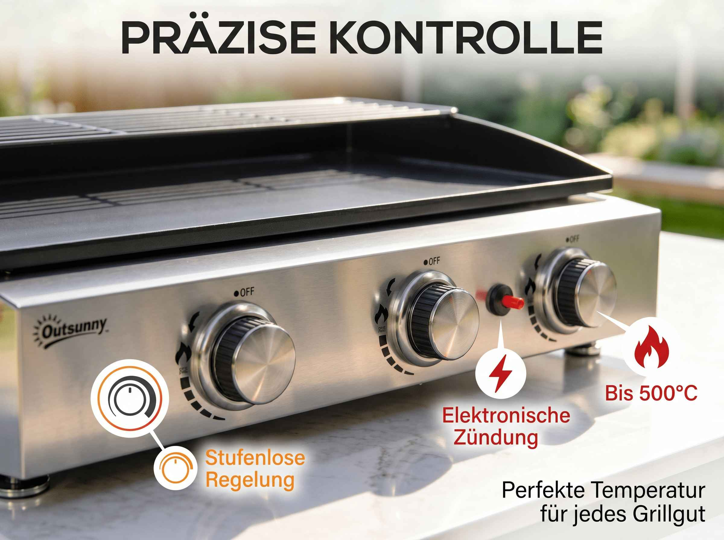 Edelstahlgrill mit drei Drehknöpfen, Temperaturanzeige bis 500°C.