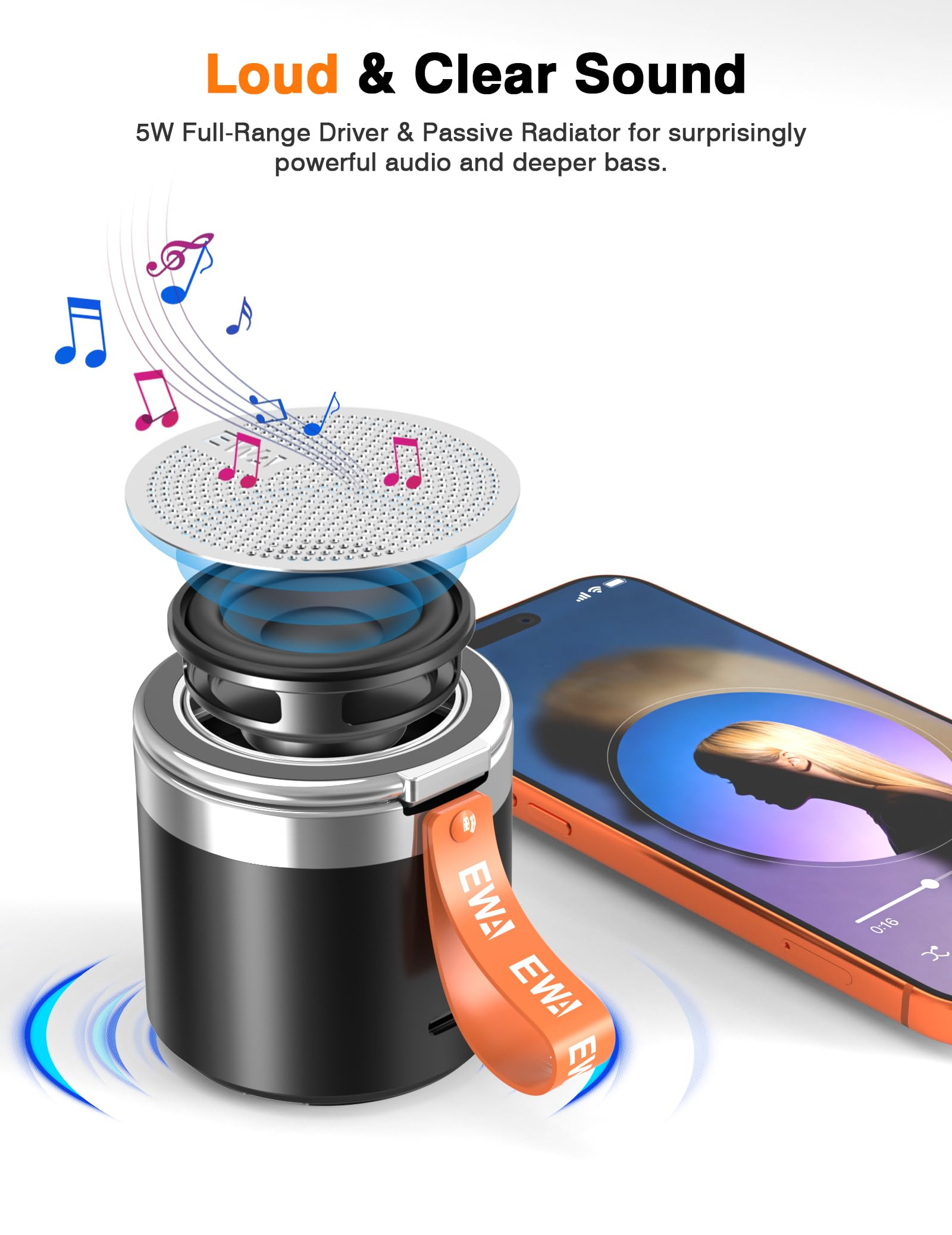 Ein tragbarer Lautsprecher neben einem Smartphone, mit Musiknoten.
