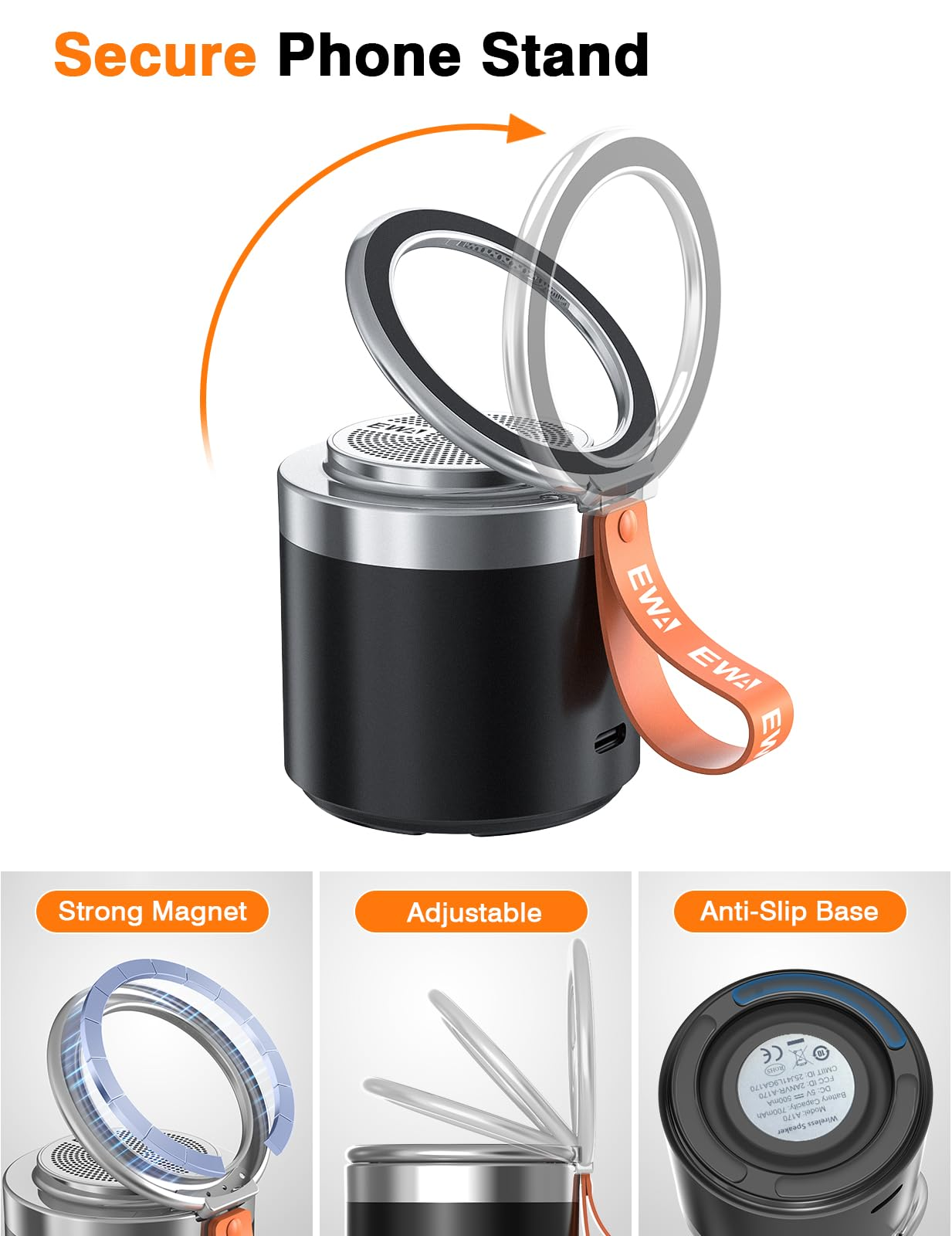 Ein schwarzer Handyhalter mit magnetischem Ring, orangefarbenem Riemen und Beschriftungen.