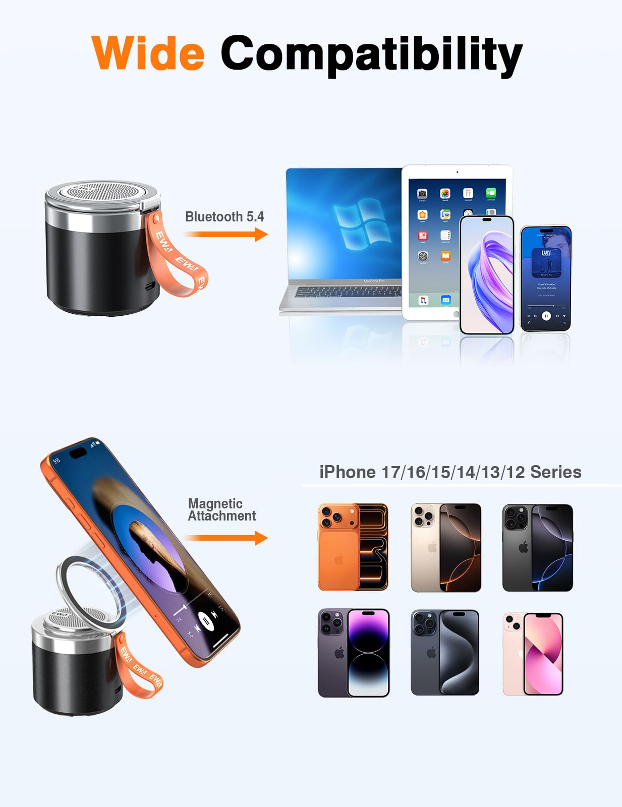 Ein schwarzer Lautsprecher mit orangem Band verbindet sich via Bluetooth 5.4 mit Laptop, Tablet und Handys.