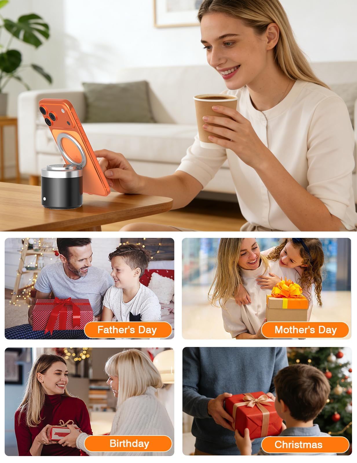 Frau trinkt Kaffee, Handy auf Ständer, Geschenke für Vatertag, Muttertag, Geburtstag, Weihnachten.
