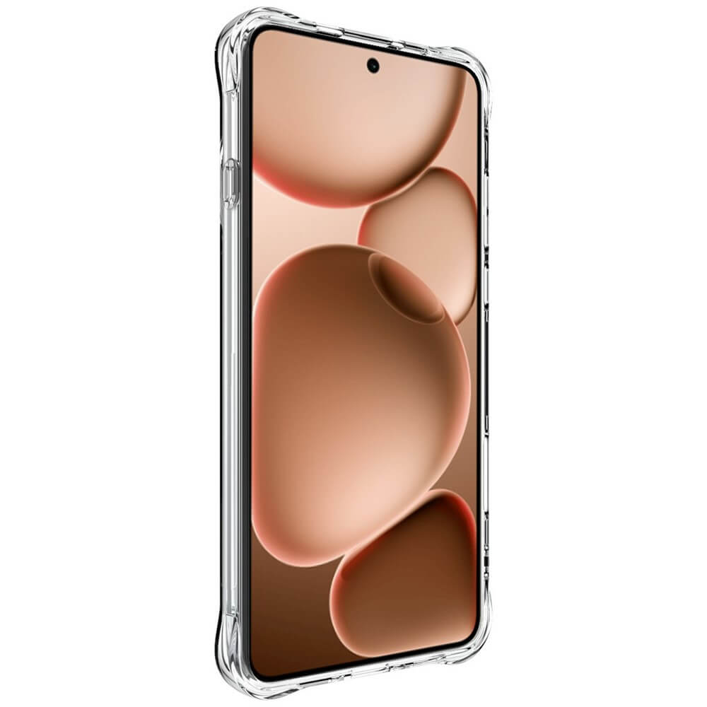 Une coque de téléphone transparente sur un téléphone affichant un graphique abstrait en arrière-plan.