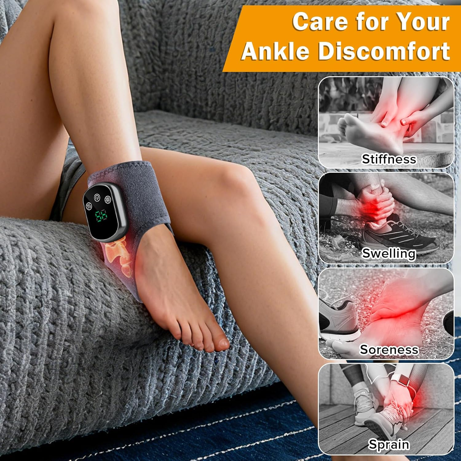 Fußgelenkbandage mit Digitalanzeige am Bein, die Symptome von Knöchel-Beschwerden zeigt.