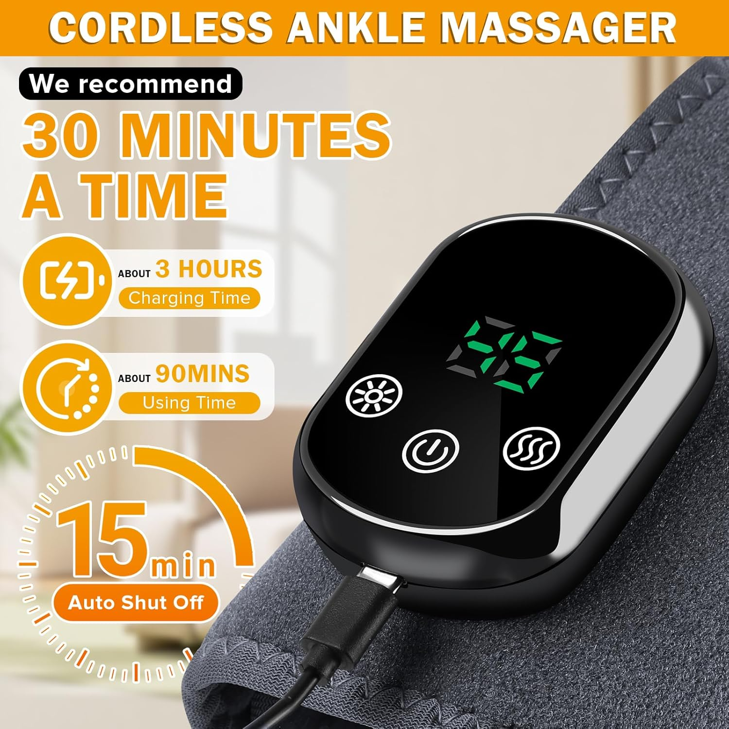 Kabelloser Knöchelmassagegerät mit Ladezeit von 3 Std. und 90 Min. Nutzungszeit.