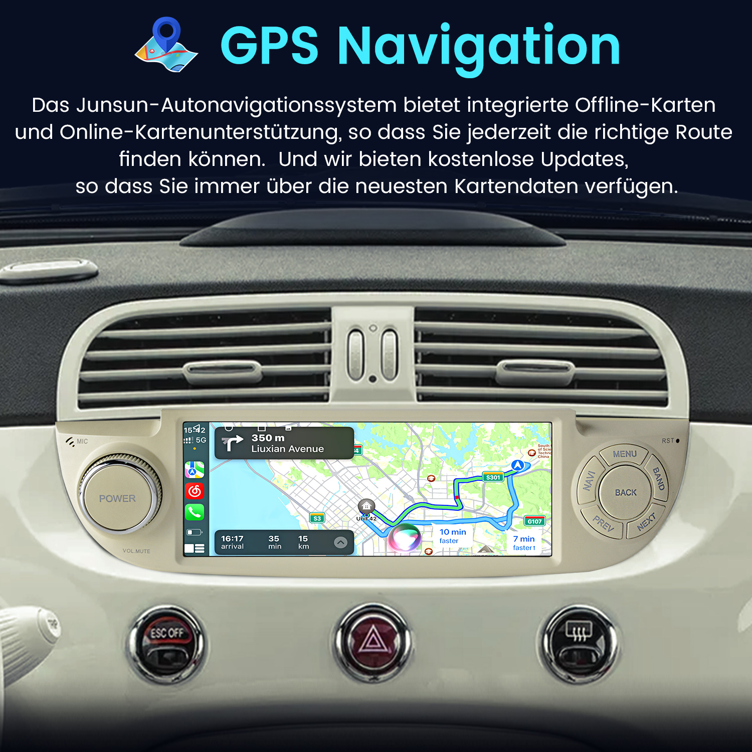 Das Junsun Navigationssystem zeigt eine Karte mit Routenführung in einem Auto.