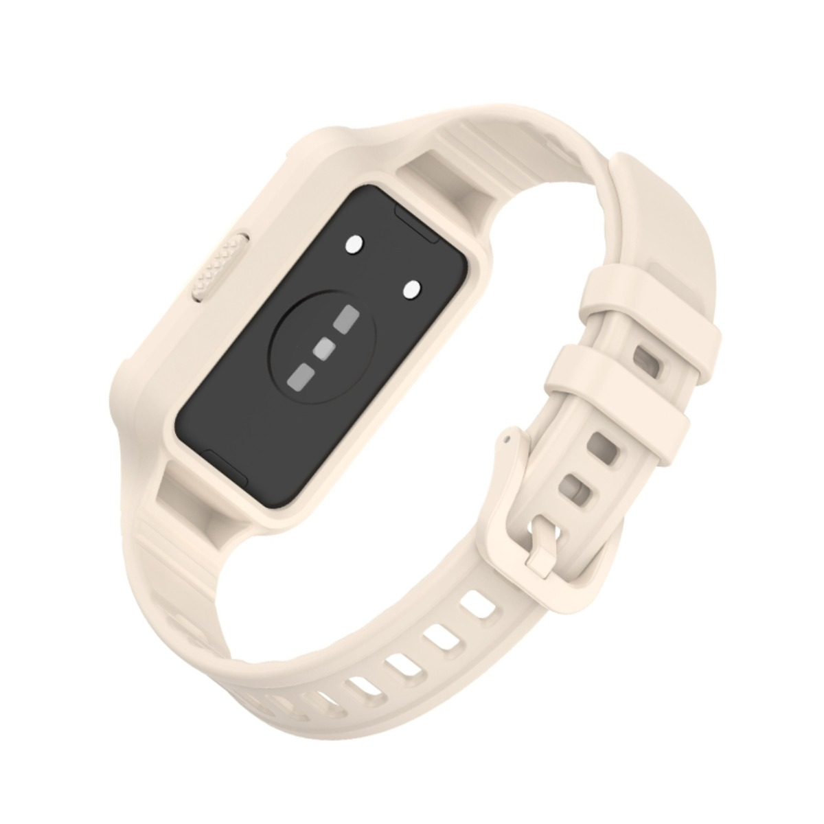 Ein hellbeiges Smartband mit schwarzem Display und Knopf auf der linken Seite.