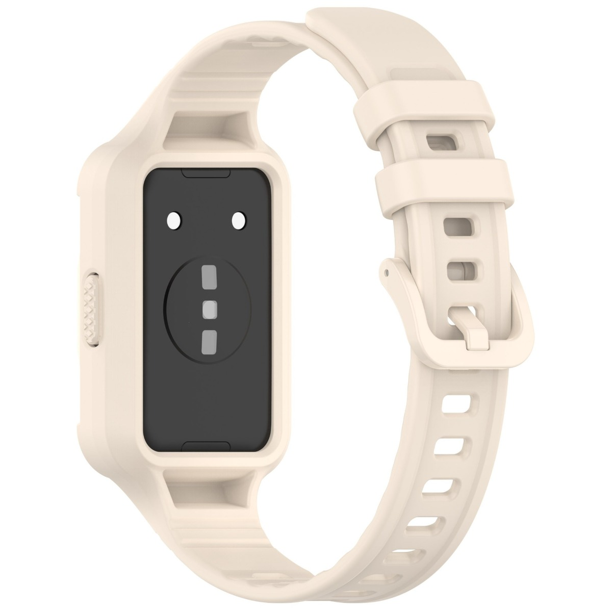 Ein hellbeiges Smartwatch-Armband mit schwarzem Display und Ladekontakten.