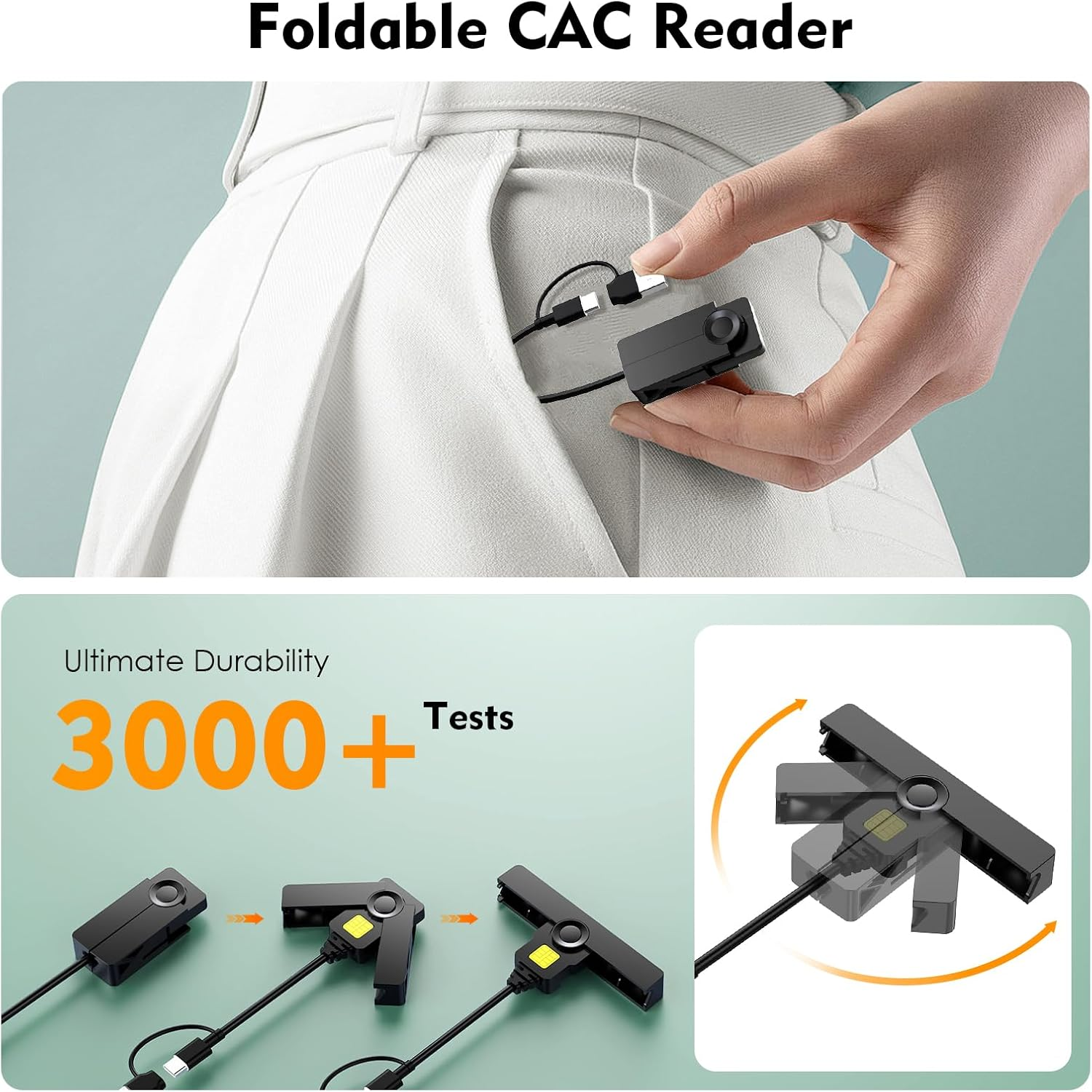 Ein faltbarer CAC-Leser wird in eine weiße Hosentasche gesteckt.