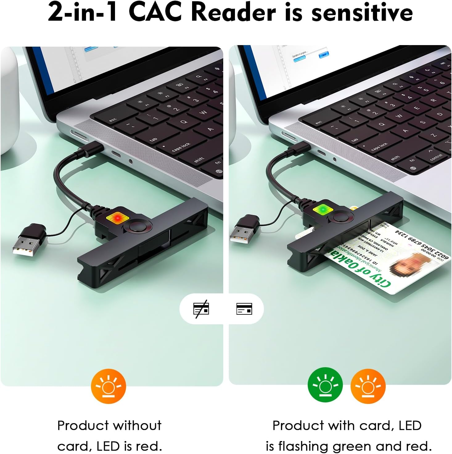Laptop an CAC-Leser angeschlossen. Links rote LED, rechts grüne LED mit Ausweis.