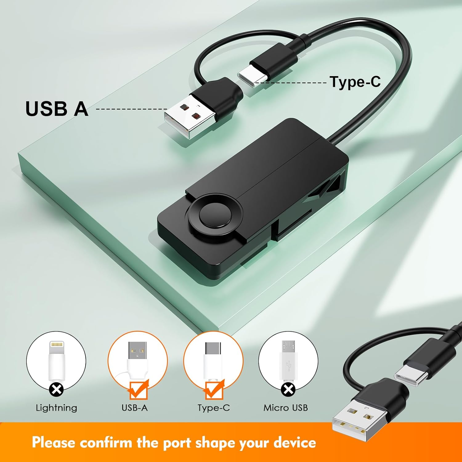 Ein schwarzes USB-A-zu-Typ-C-Kabel mit Adaptern. Es werden verschiedene Anschlüsse gezeigt.
