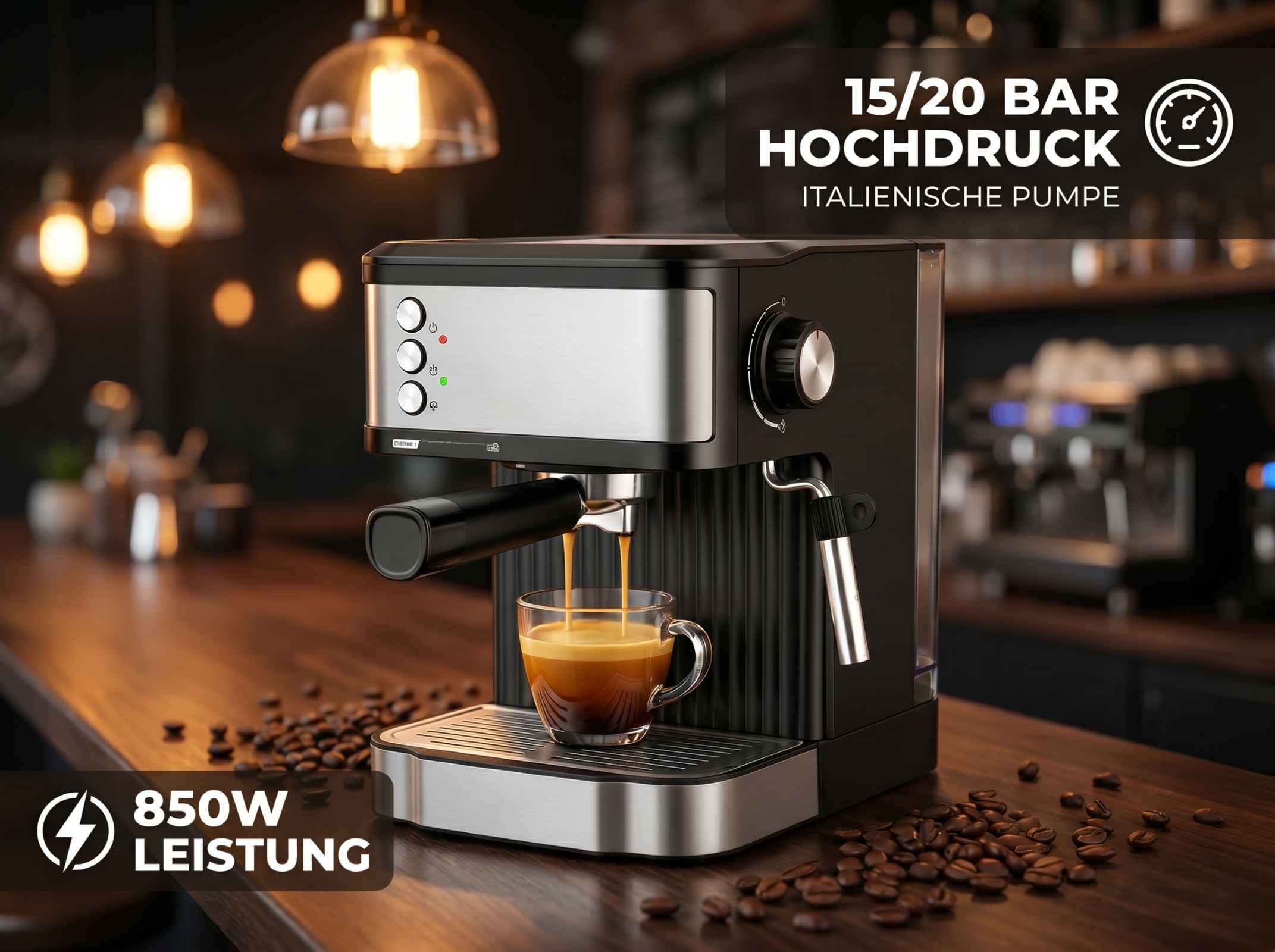 Espressomaschine brüht Kaffee in eine Tasse, daneben Kaffeebohnen.