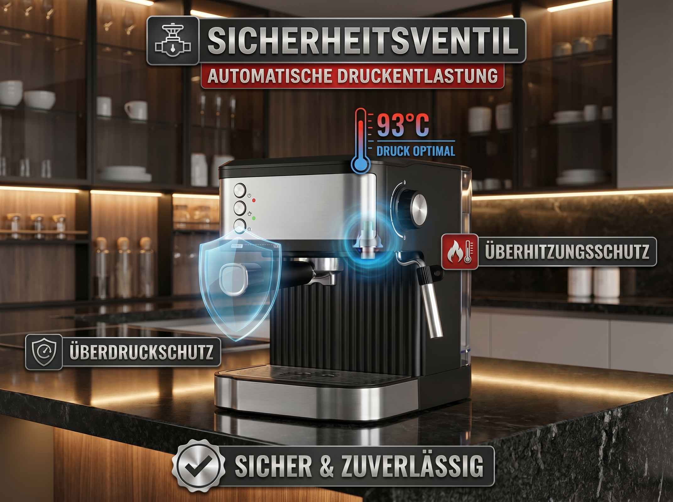 Kaffeemaschine mit Sicherheitsmerkmalen wie Überdruck-, Überhitzungsschutz.