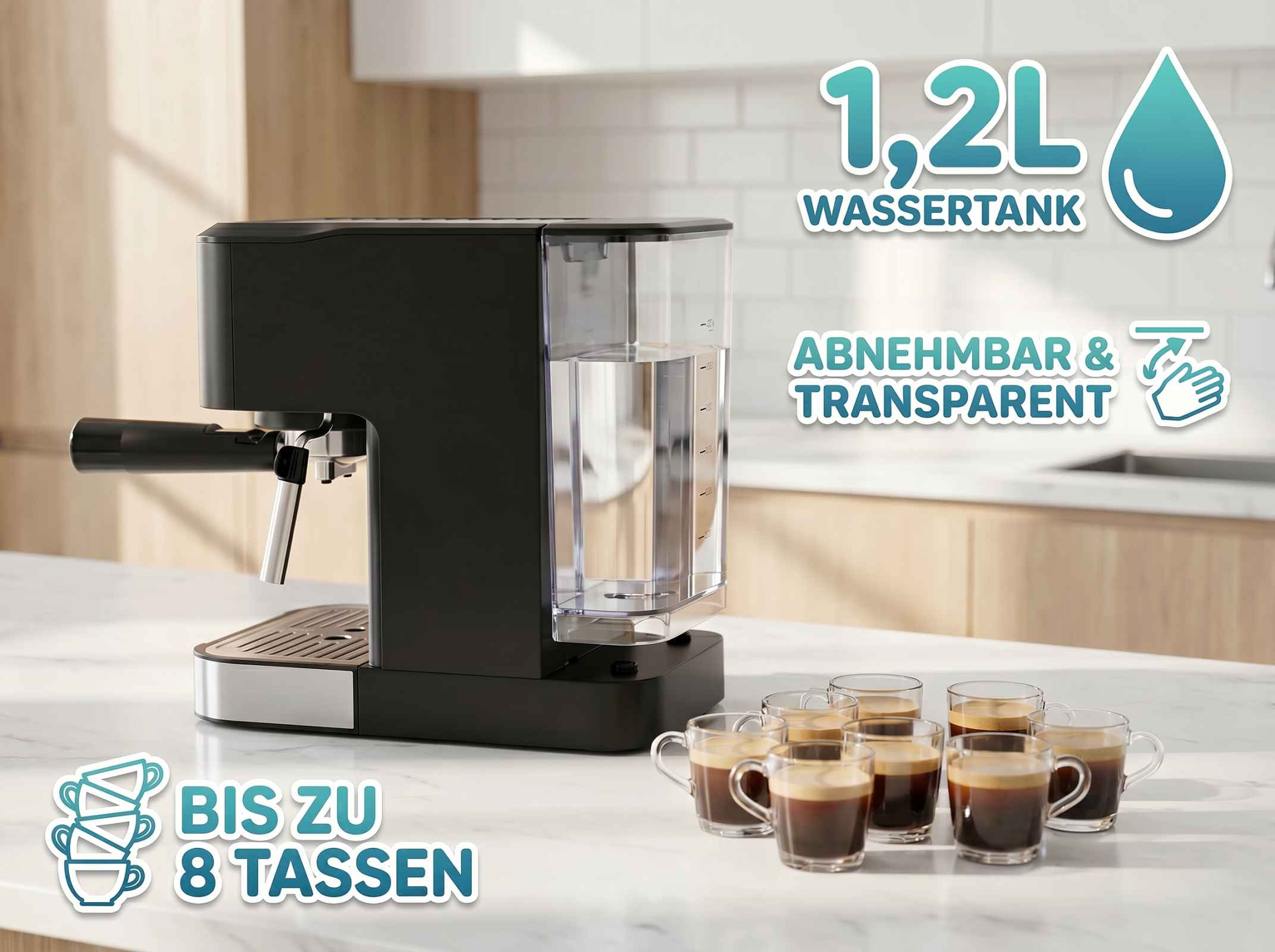 Schwarze Espressomaschine mit 1,2L Wassertank und 6 Tassen Kaffee.
