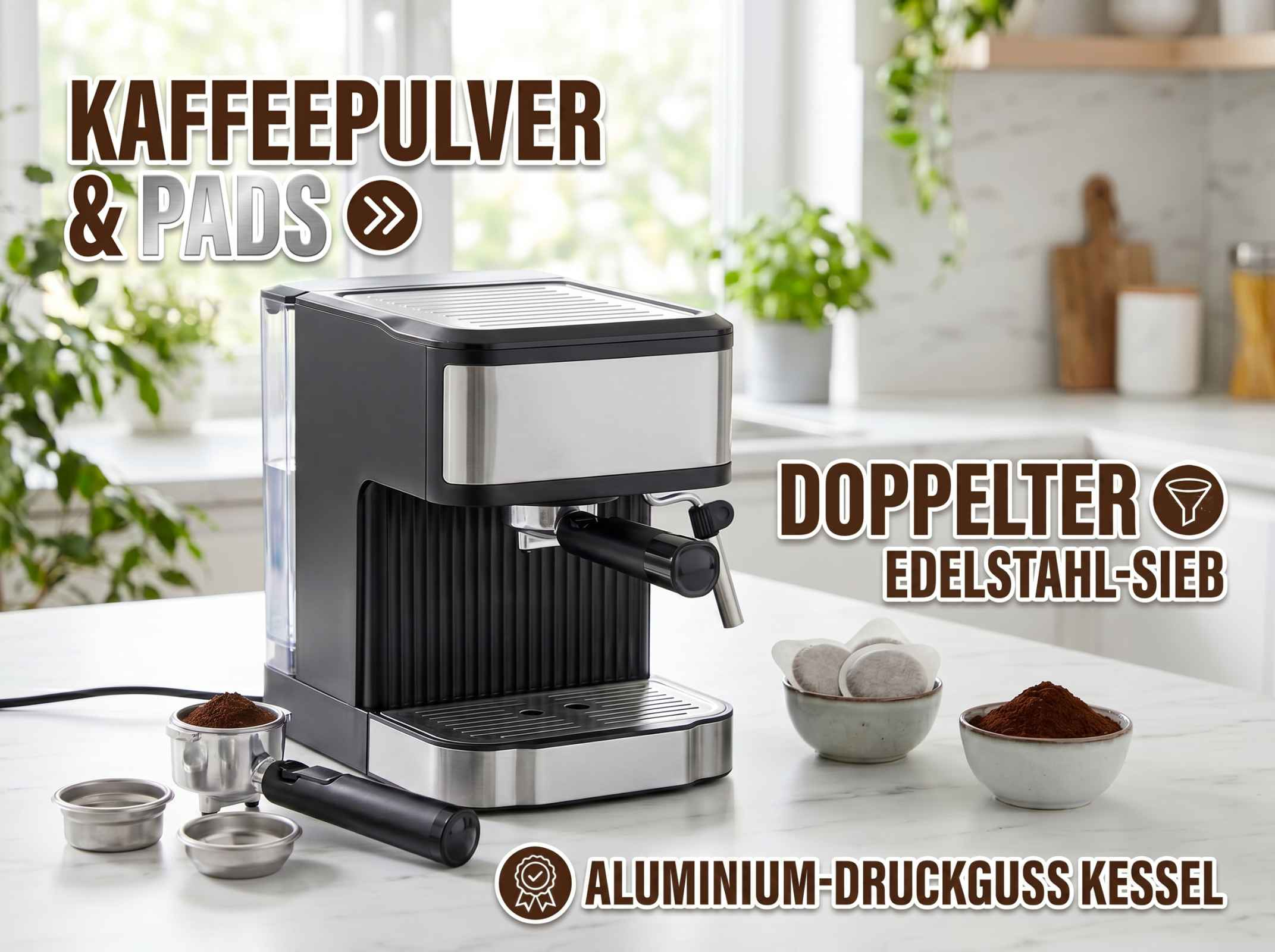 Espressomaschine mit Kaffeepulver und Pads, Edelstahlsieb, Aluminium-Druckguss.