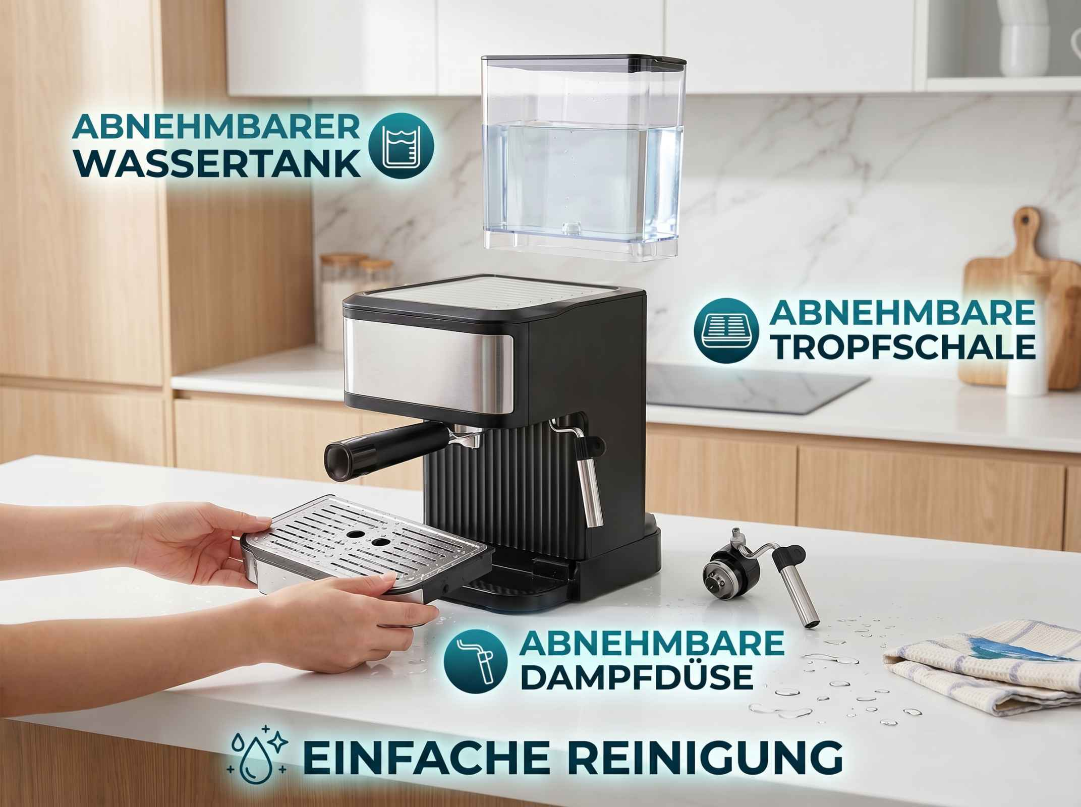 Eine Kaffeemaschine mit abnehmbarem Wassertank, Tropfschale und Dampfdüse.