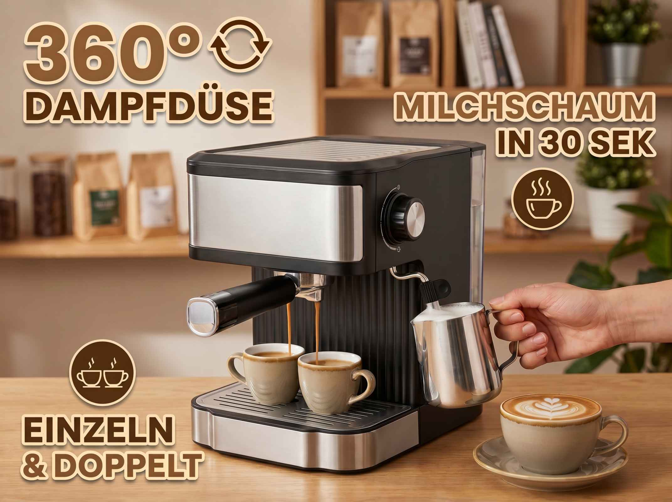 Eine Espressomaschine brüht Kaffee in zwei Tassen, während Milchschaum in eine andere Tasse gegossen wird.
