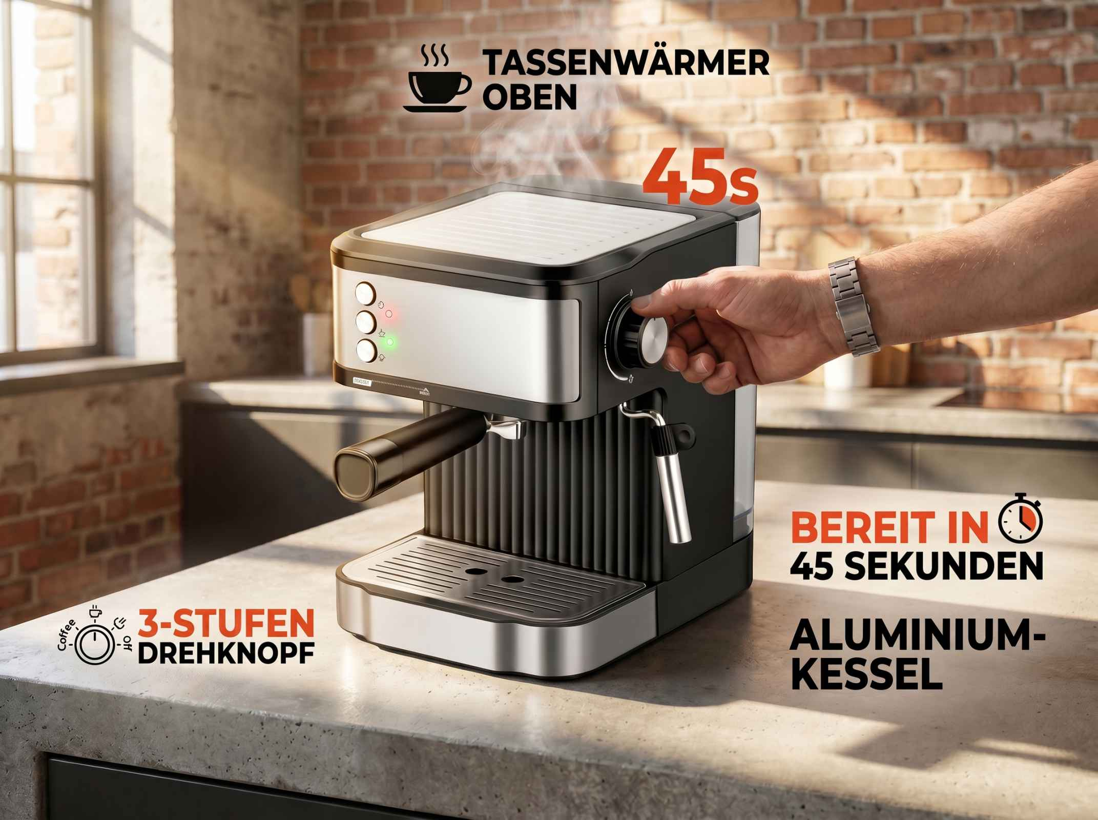 Kaffeemaschine mit 3-Stufen-Drehknopf, bereit in 45 Sekunden, Tassenwärmer oben.