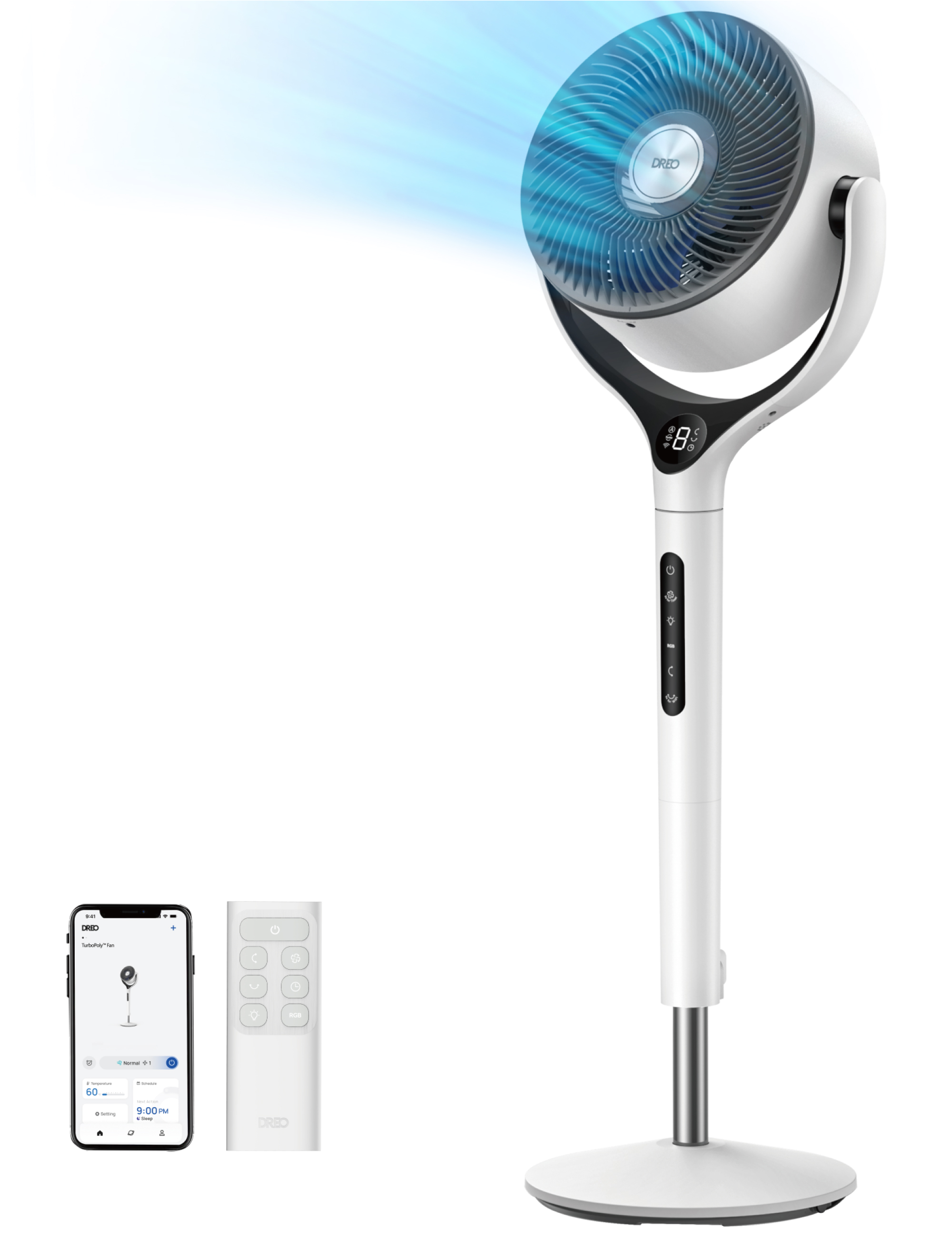 Ein weißer Standventilator mit blauen Luftstrahlen, Fernbedienung und Smartphone-App.