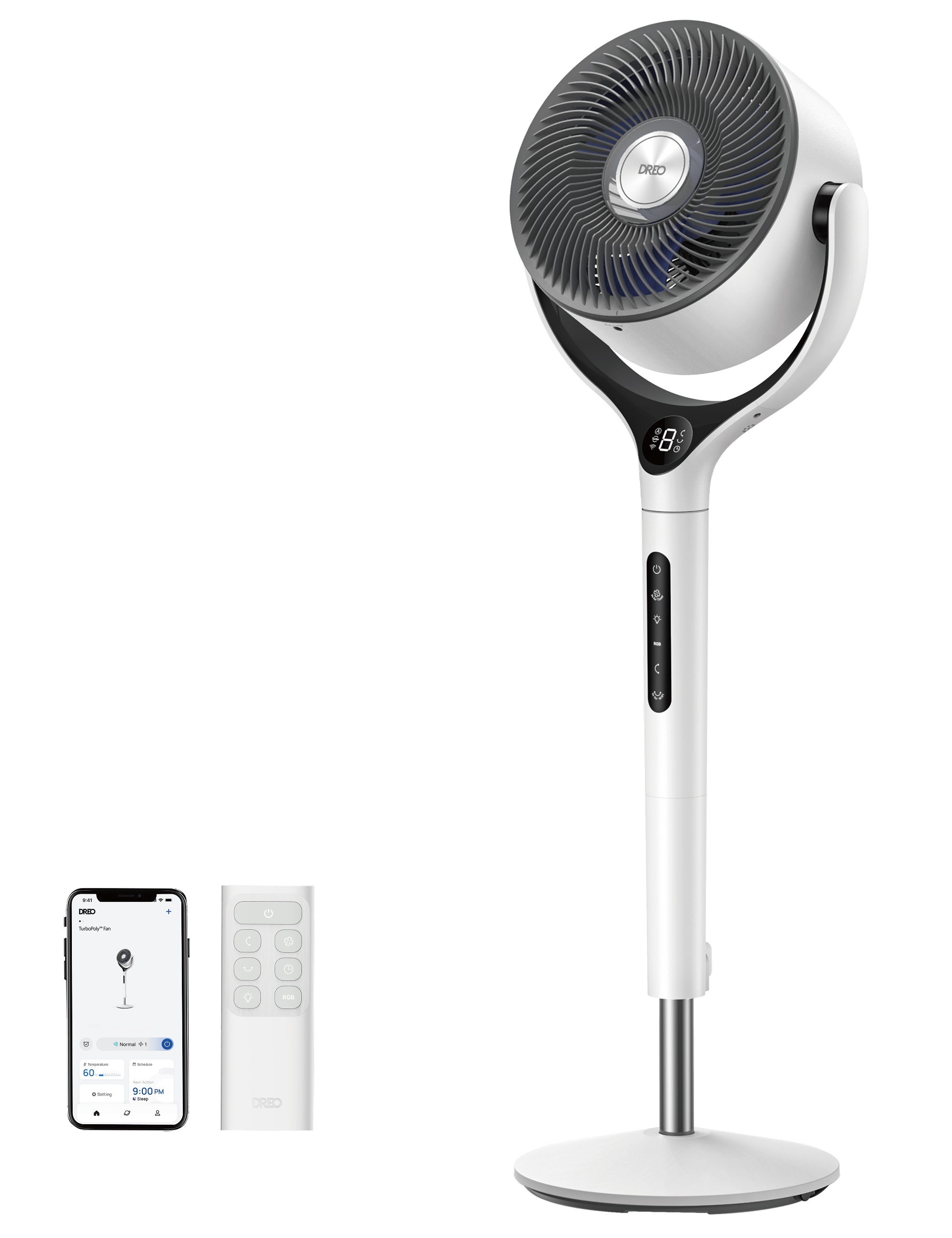 Ein weißer Standventilator mit Fernbedienung und App auf einem Handy.