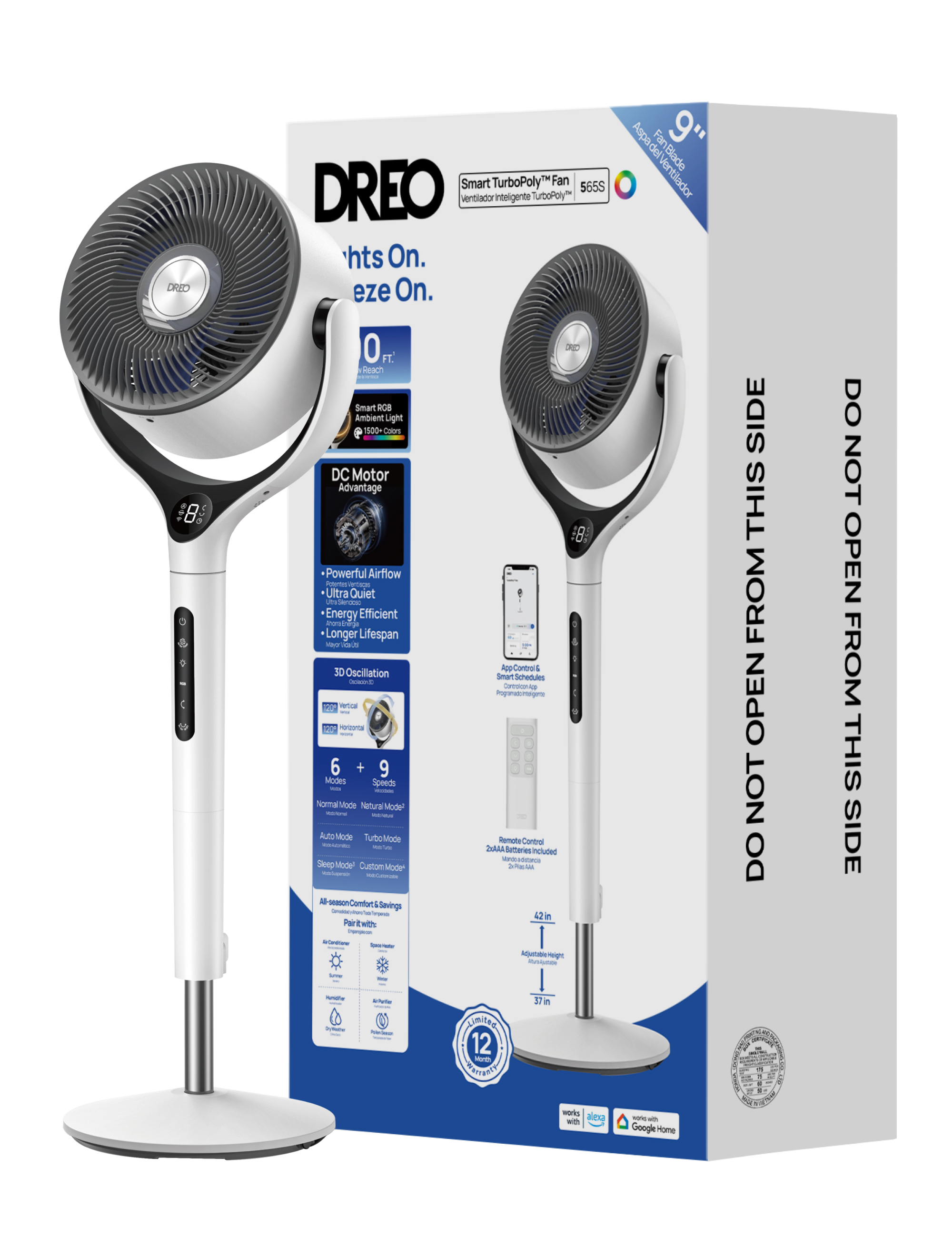 Ein weißer Standventilator von Dreo mit grauen Lüftungsschlitzen, Vorder- und Rückansicht auf Karton.