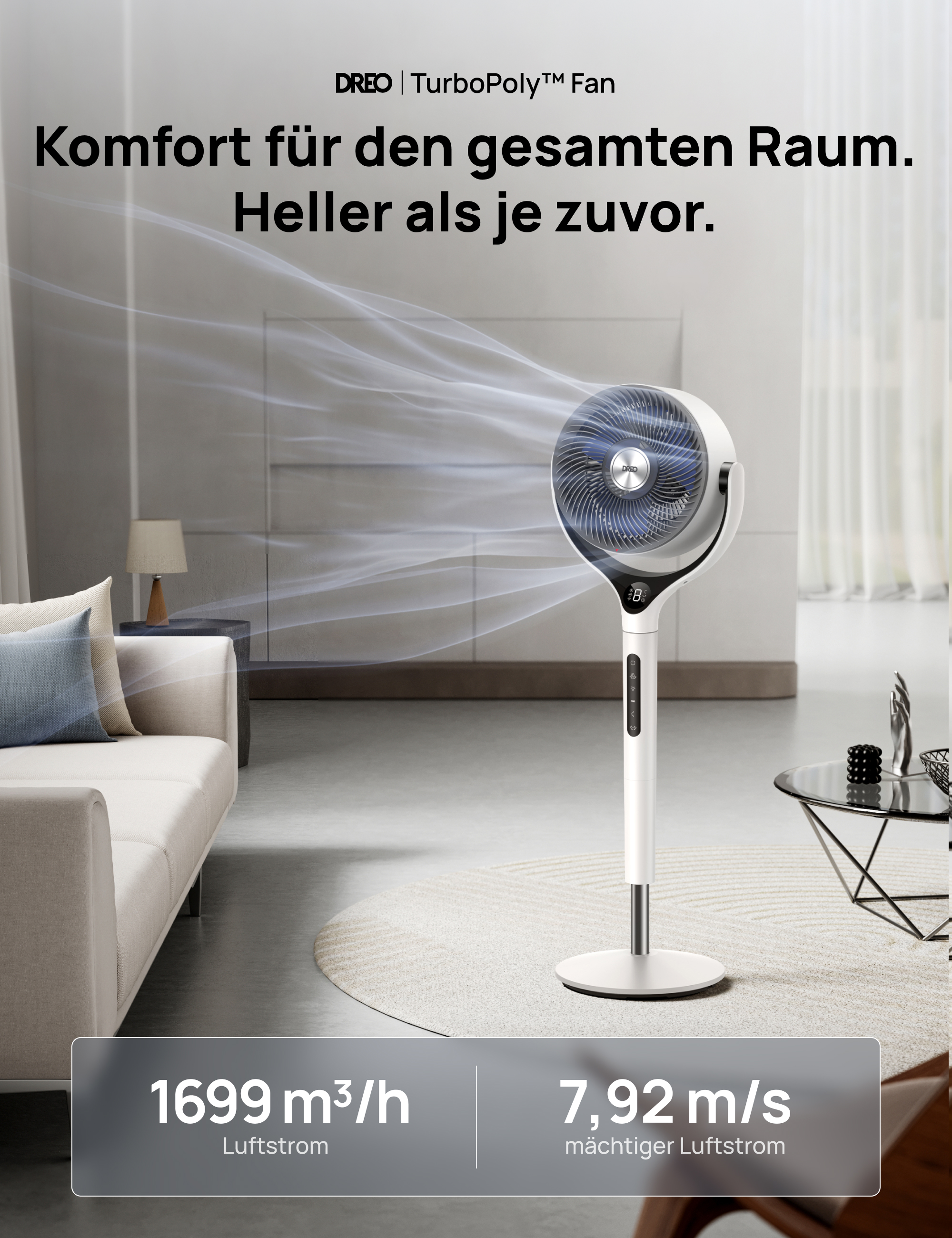 Ein weißer Standventilator erzeugt Luftstrom in einem Wohnzimmer mit Sofa.