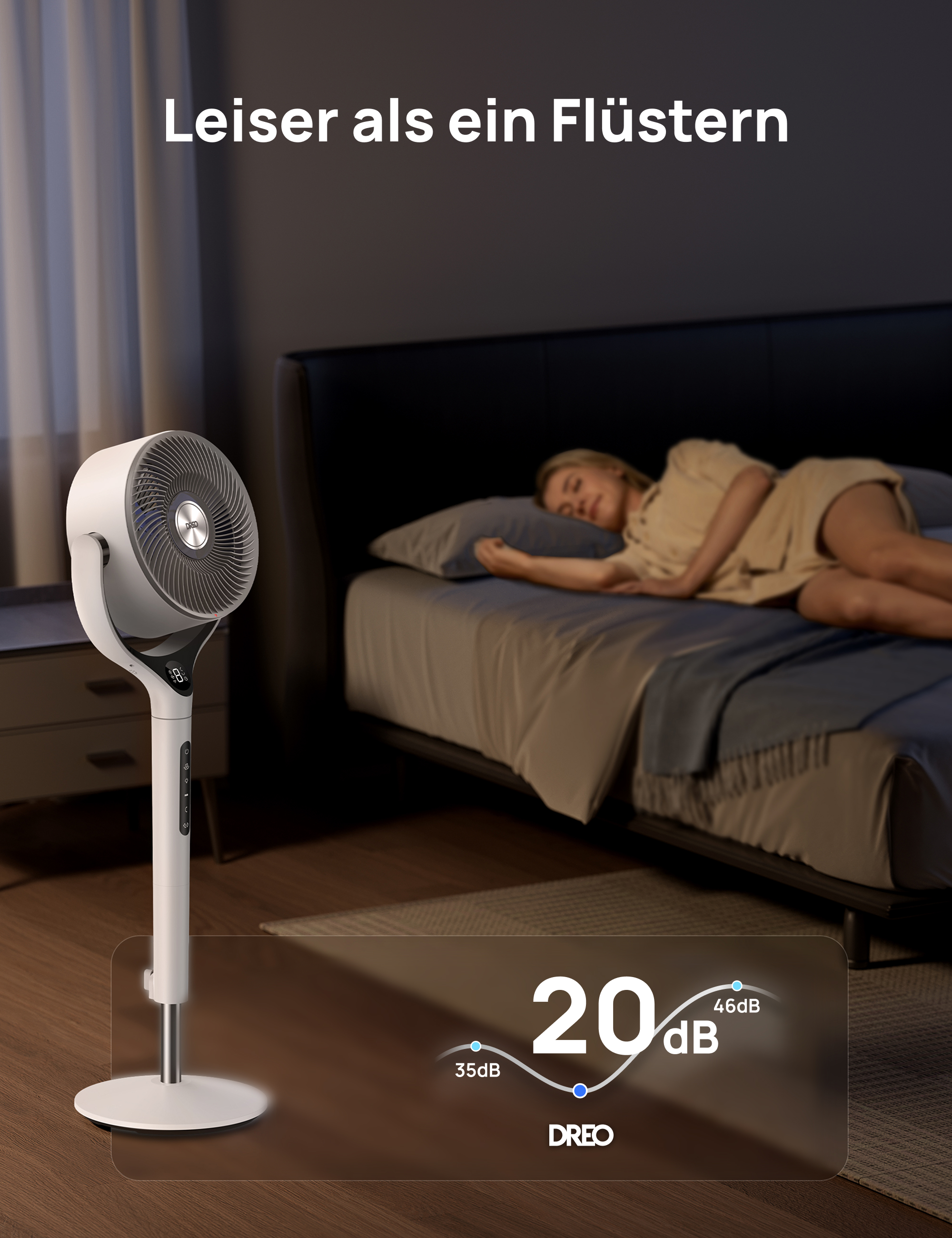 Ein Ventilator steht neben einem Bett, auf dem eine Frau schläft. "Leiser als ein Flüstern" wird angezeigt.