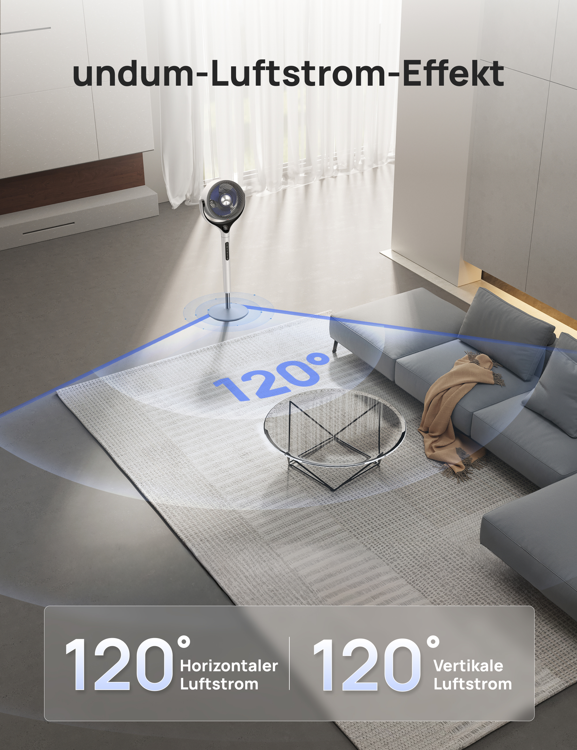 Ein Ventilator mit 120° horizontalem und vertikalem Luftstrom in einem Wohnzimmer.