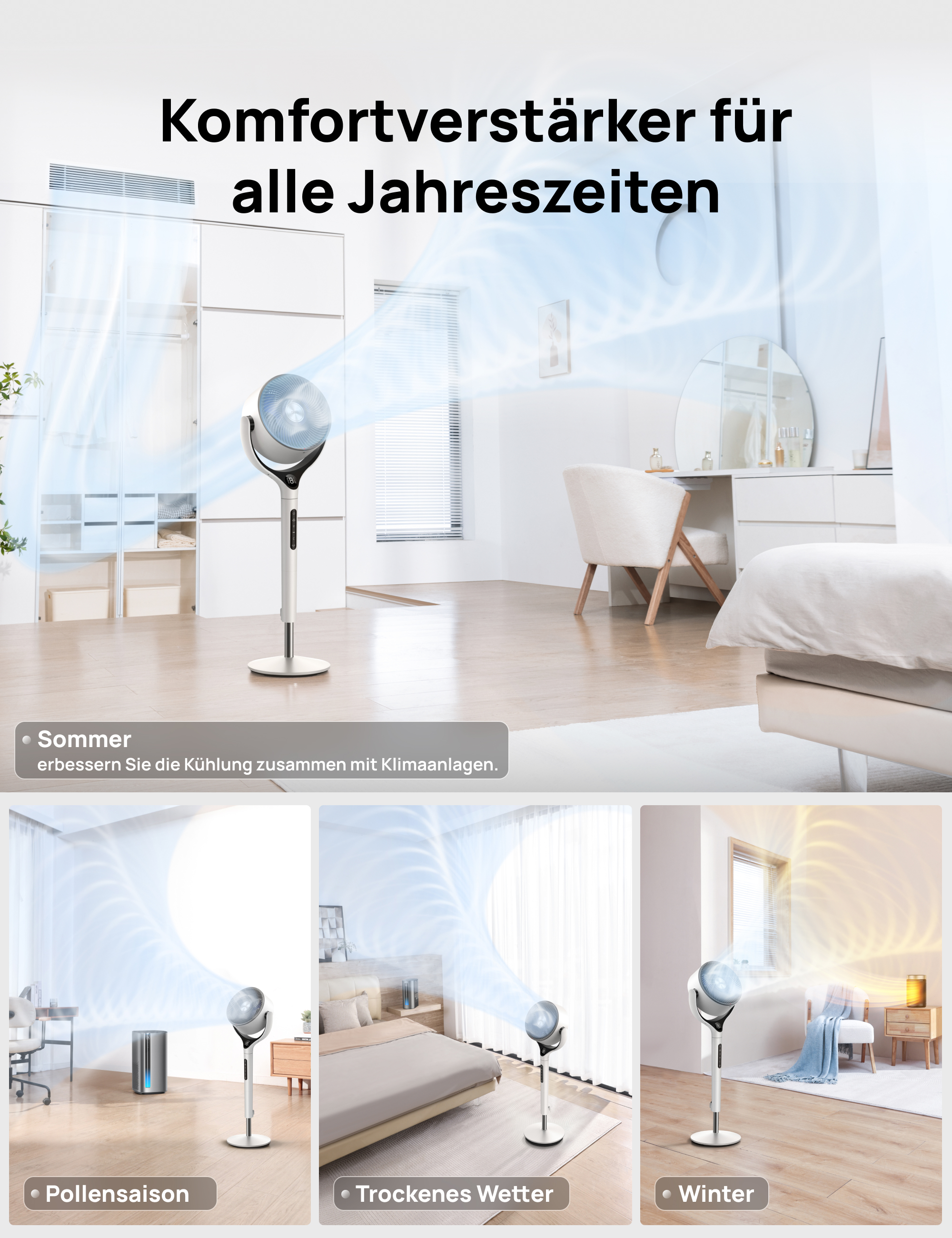 Ein Ventilator in einem modernen Zuhause, der Luftbewegung für verschiedene Jahreszeiten simuliert.