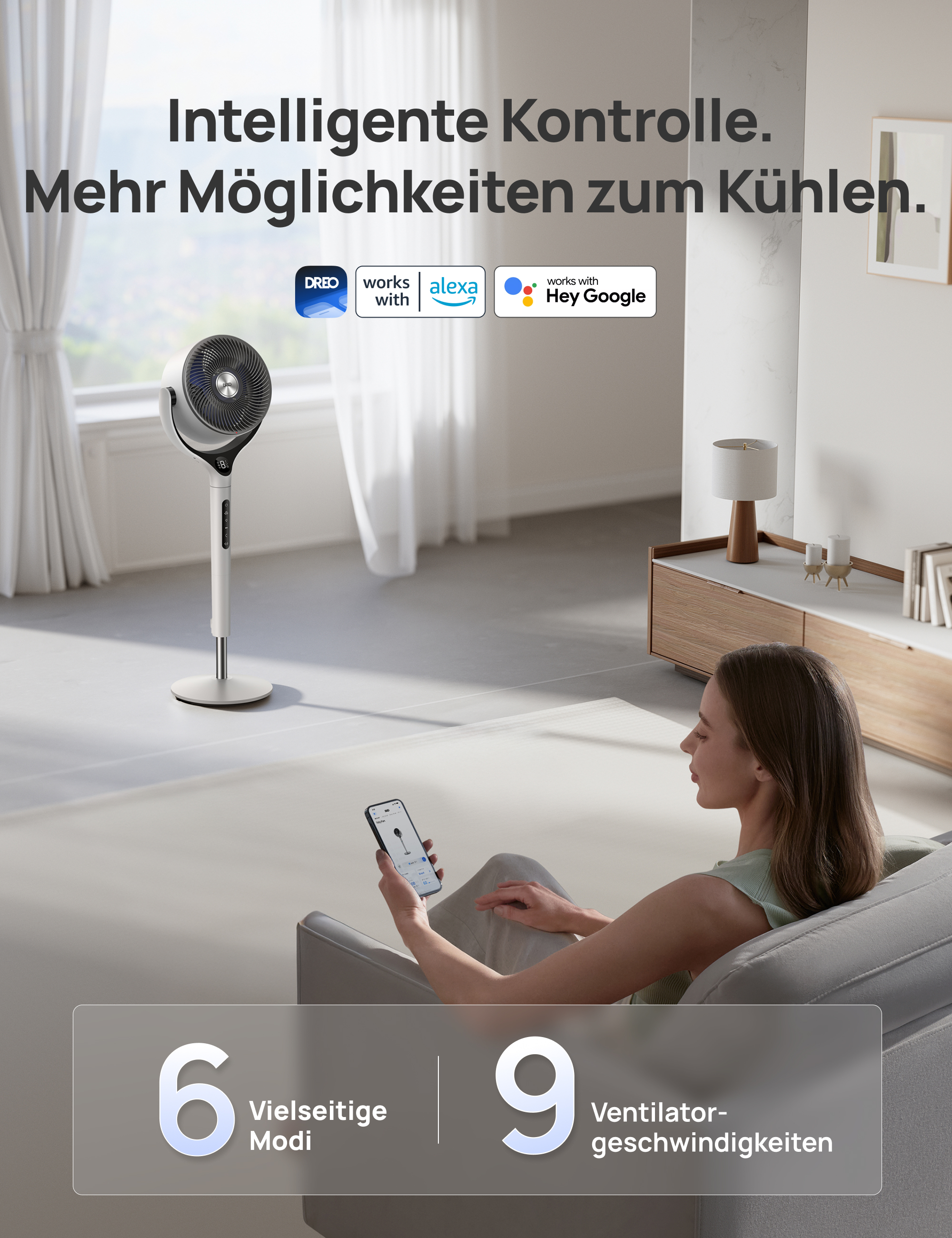 Ein Ventilator mit 6 Modi und 9 Geschwindigkeiten, steuerbar per App.