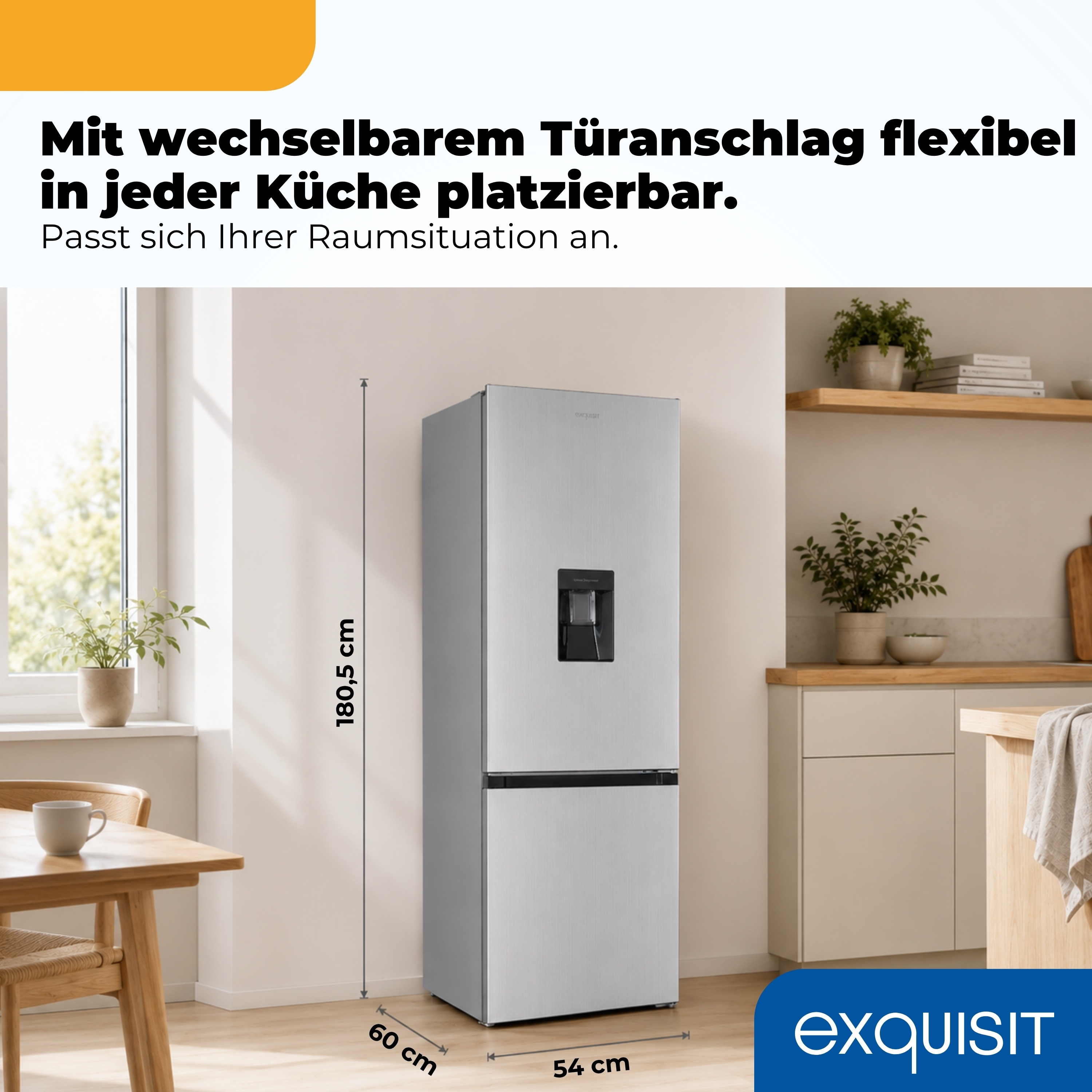Silberner Kühlschrank mit Wasserspender in einer Küche.