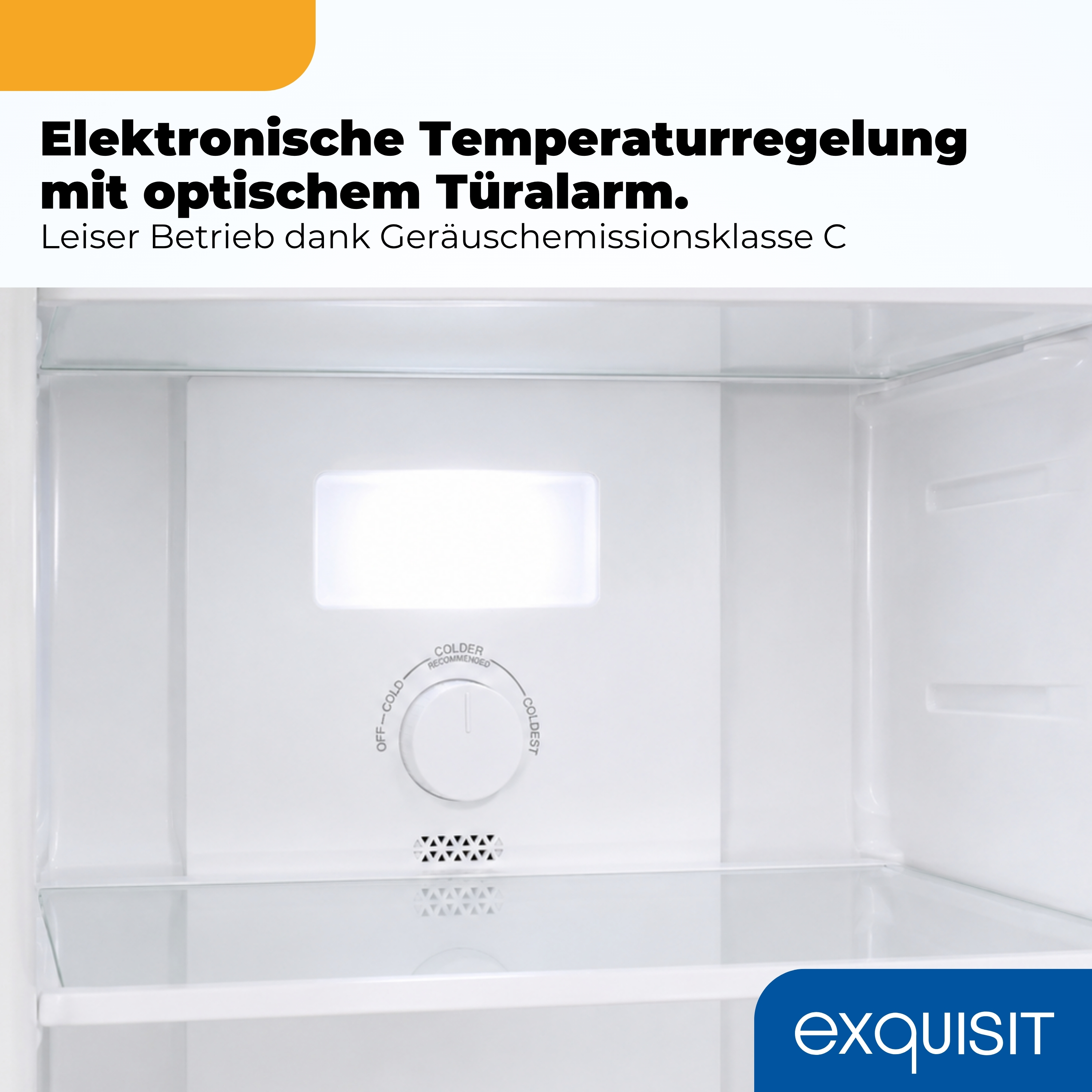 Einblick in ein weißes Kühlschrankinnere mit Temperaturregler und Licht.