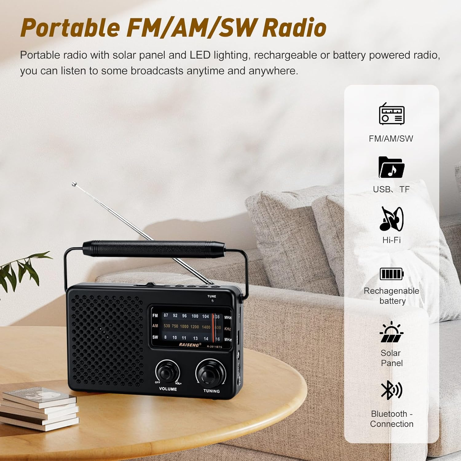 Schwarzes tragbares Radio mit Antenne, Lautstärkeregler und Senderanzeige.