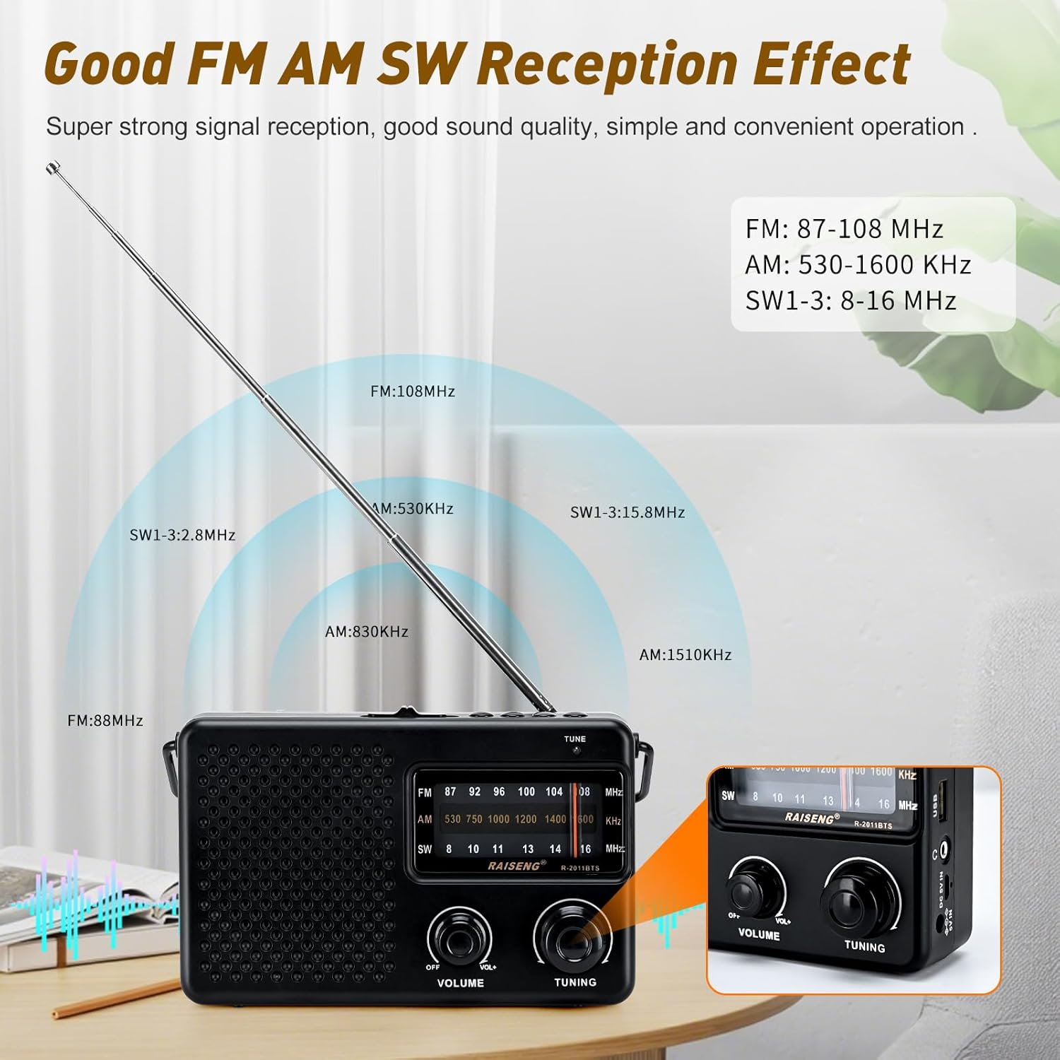 Ein schwarzes Radio mit ausgefahrenem Antennenstab und Frequenzanzeigen.