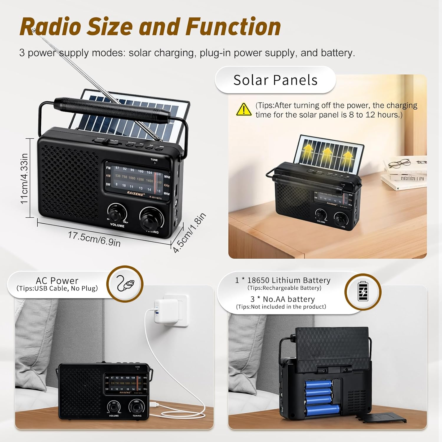 Schwarzes Radio mit Solarpanel, Lautstärkeregler und Antenne.