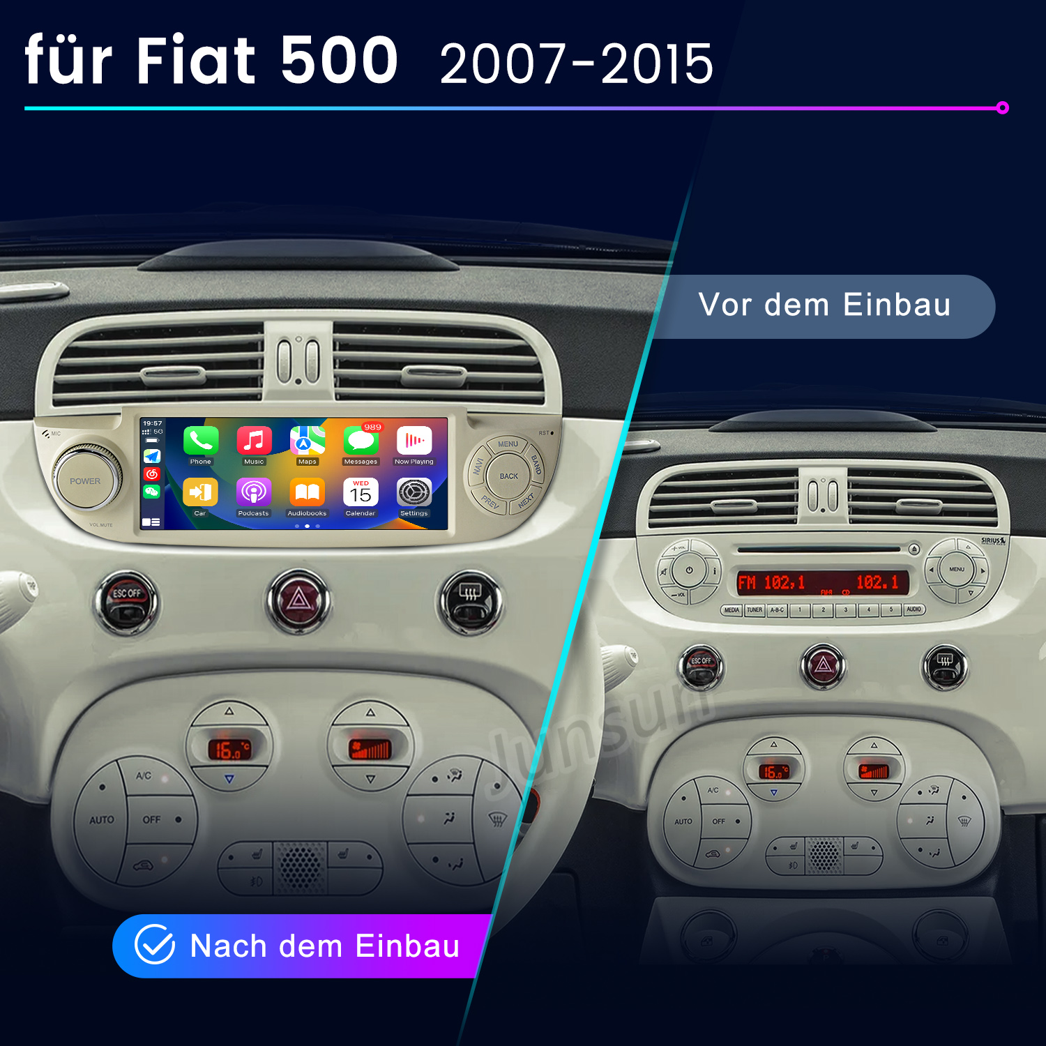 Vorher/Nachher-Vergleich des Fiat 500 Infotainmentsystems.