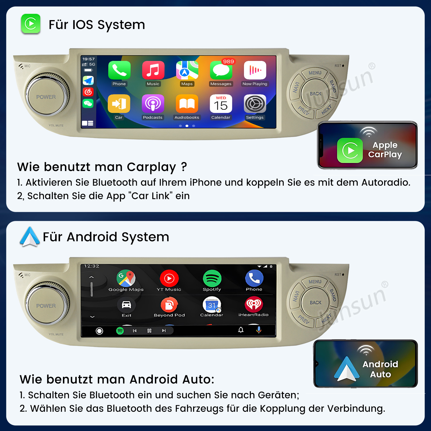 Bildschirm zeigt Apple CarPlay und Android Auto auf einem Autoradio.
