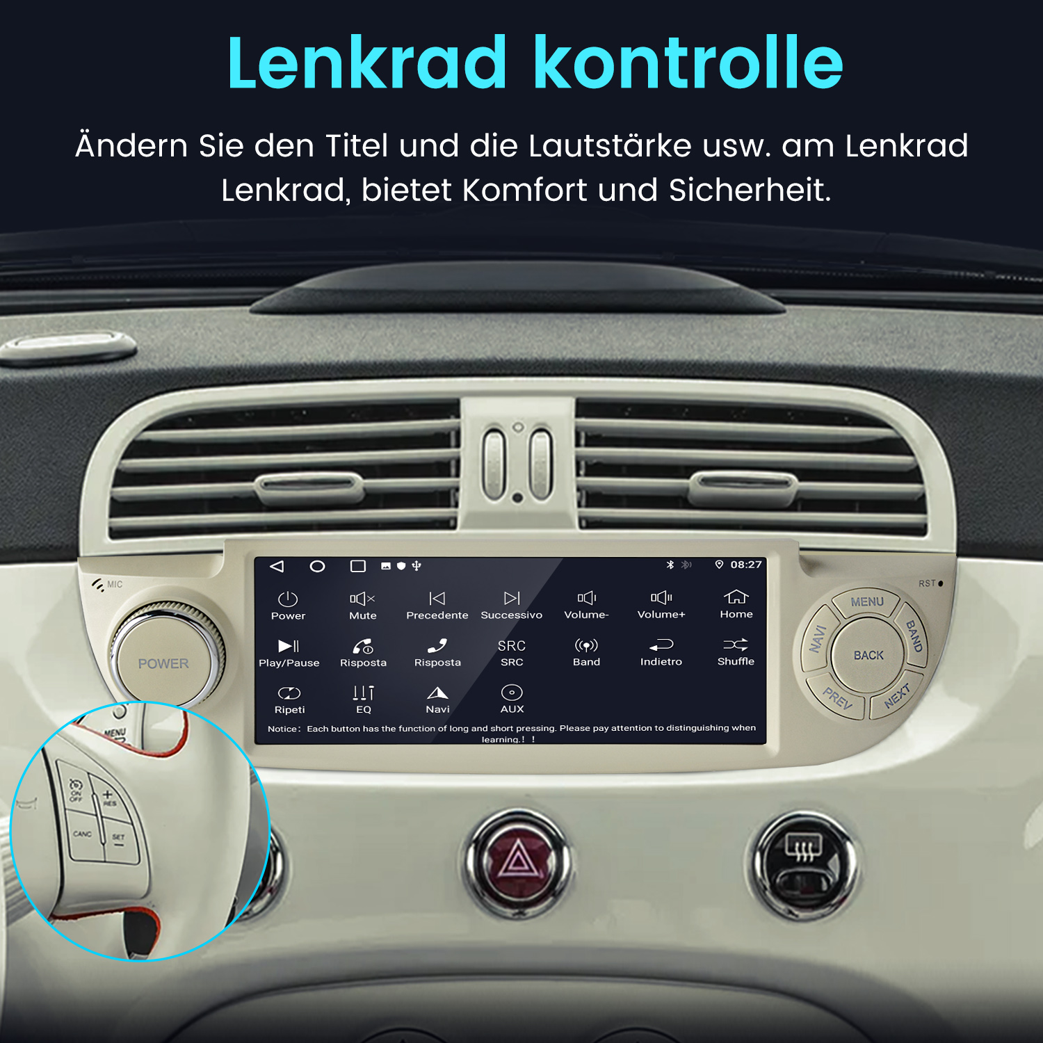 Ein Auto-Infotainmentsystem mit Lenkradsteuerung und Touchscreen-Anzeige.