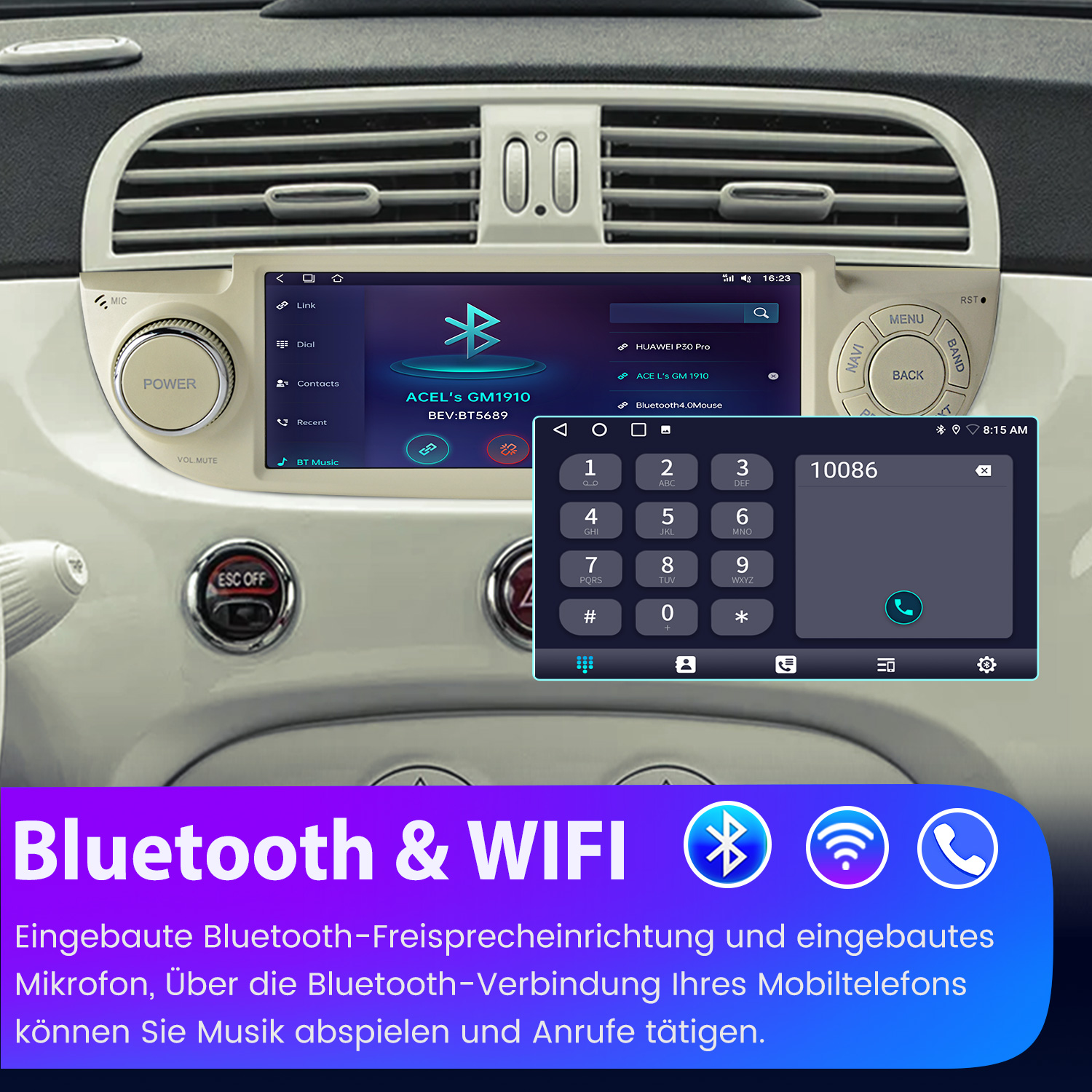 Ein Auto-Infotainmentsystem mit Bluetooth- und WIFi-Symbolen und einem Ziffernblock.
