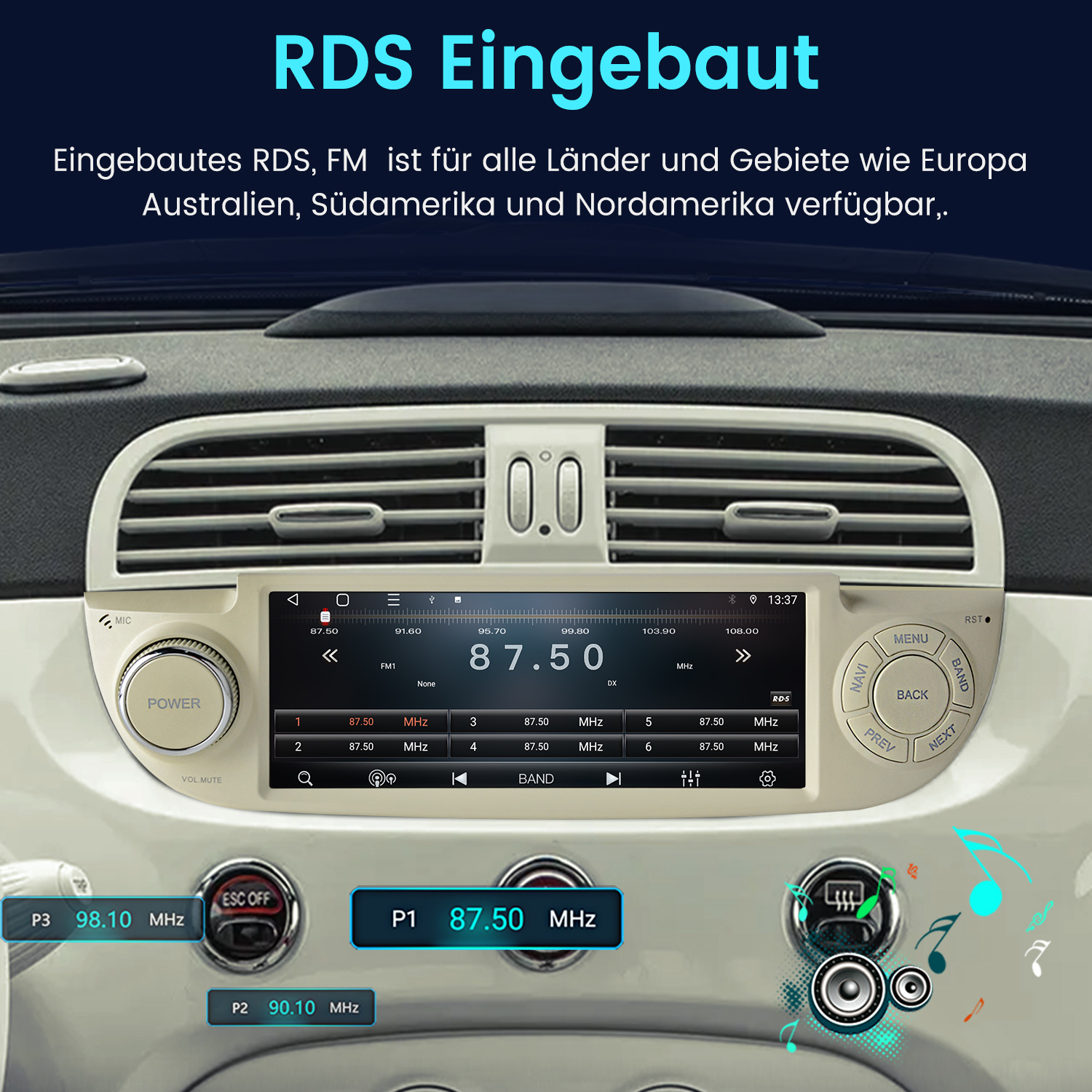 Autoradio-Display mit FM-Frequenz 87.50 MHz und Bedienelementen.