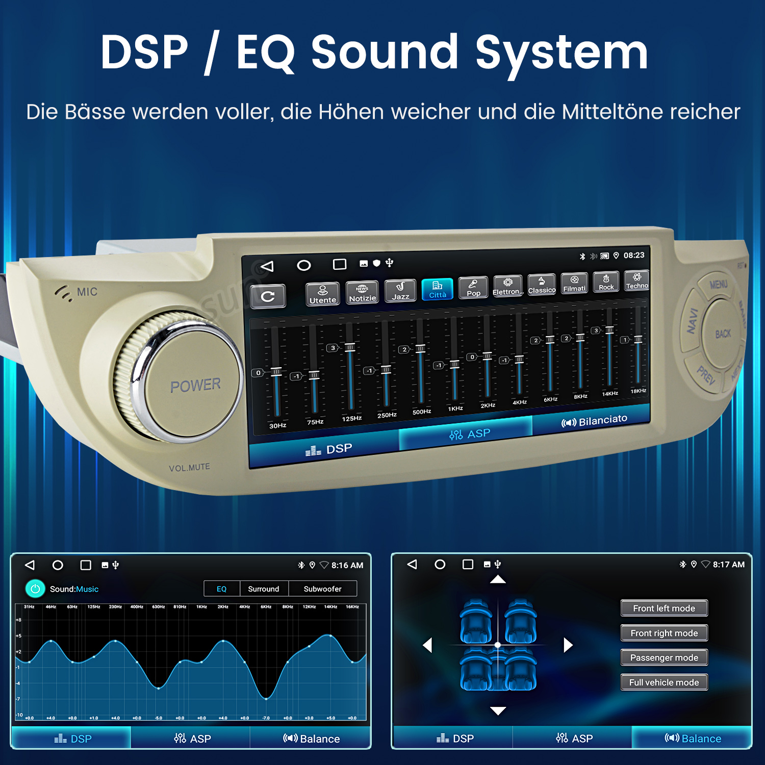 DSP/EQ-Soundsystem mit Equalizer-Anzeige und Fahrzeug-Soundeinstellungen.