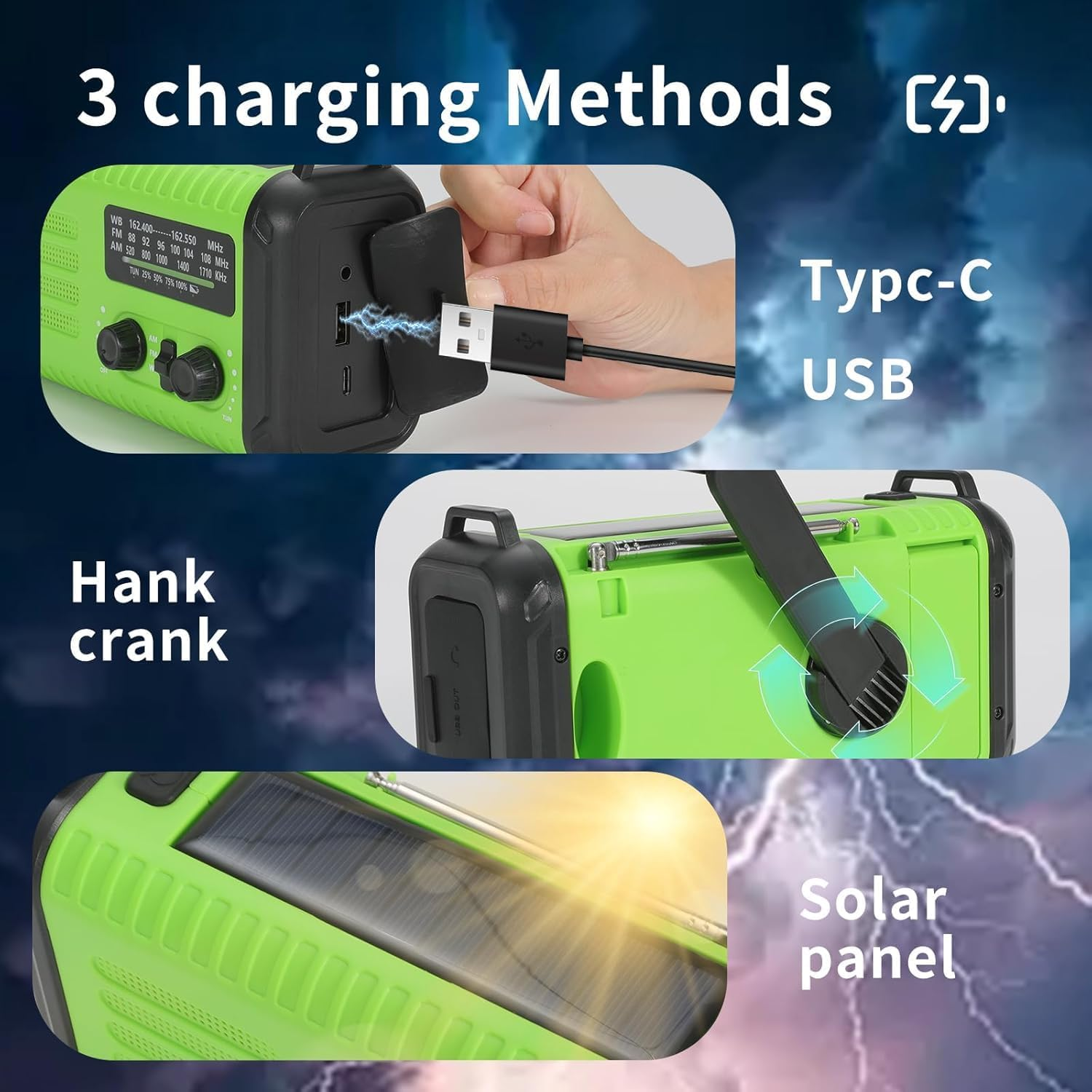 Grünes Radio mit Solarpanel, Kurbel und USB-Ladeanschluss.