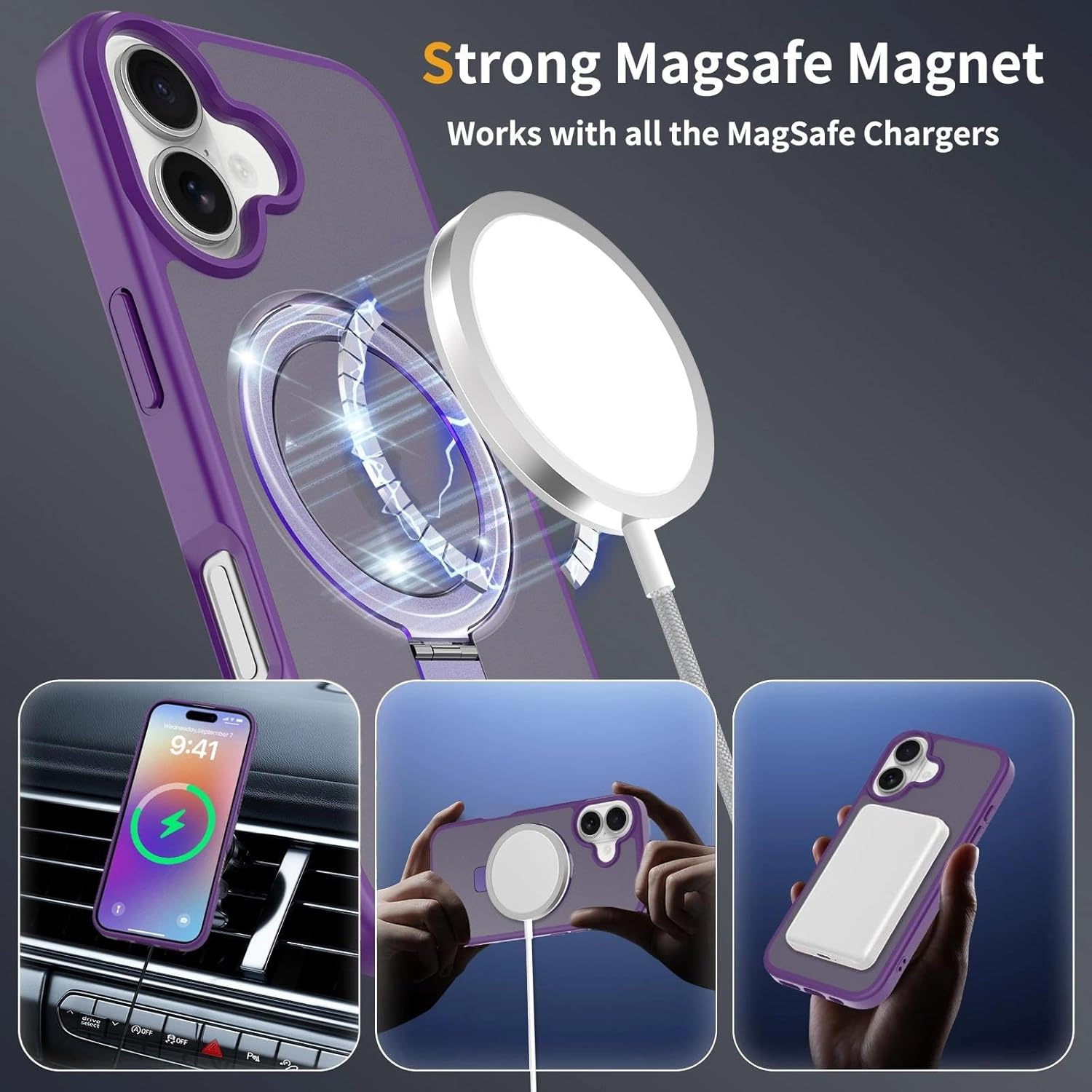 Lila Handyhülle mit starkem MagSafe-Magnet, lädt in drei Szenarien.