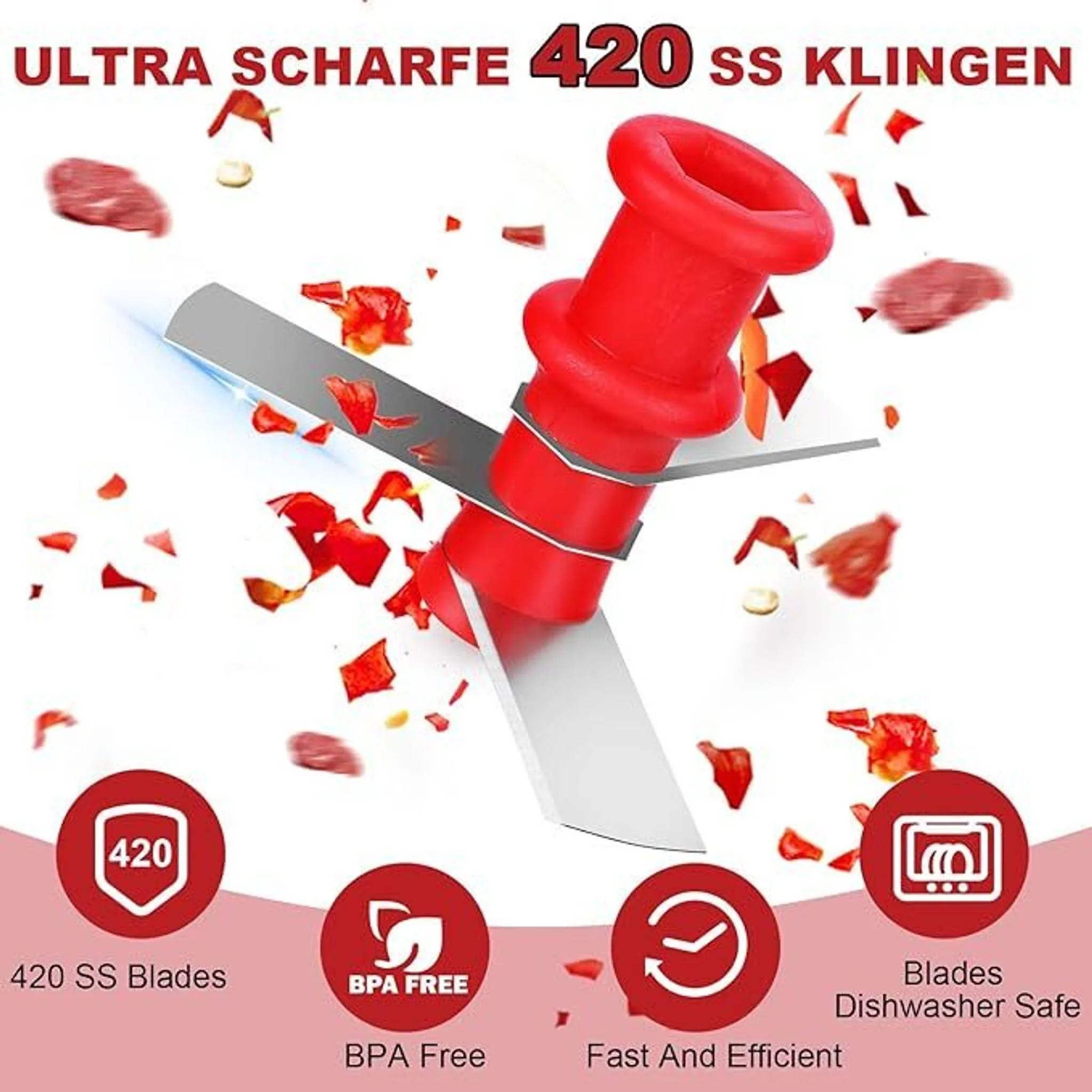 Rote Klingen eines Zerkleinerers mit Fleisch- und Paprikastücken.