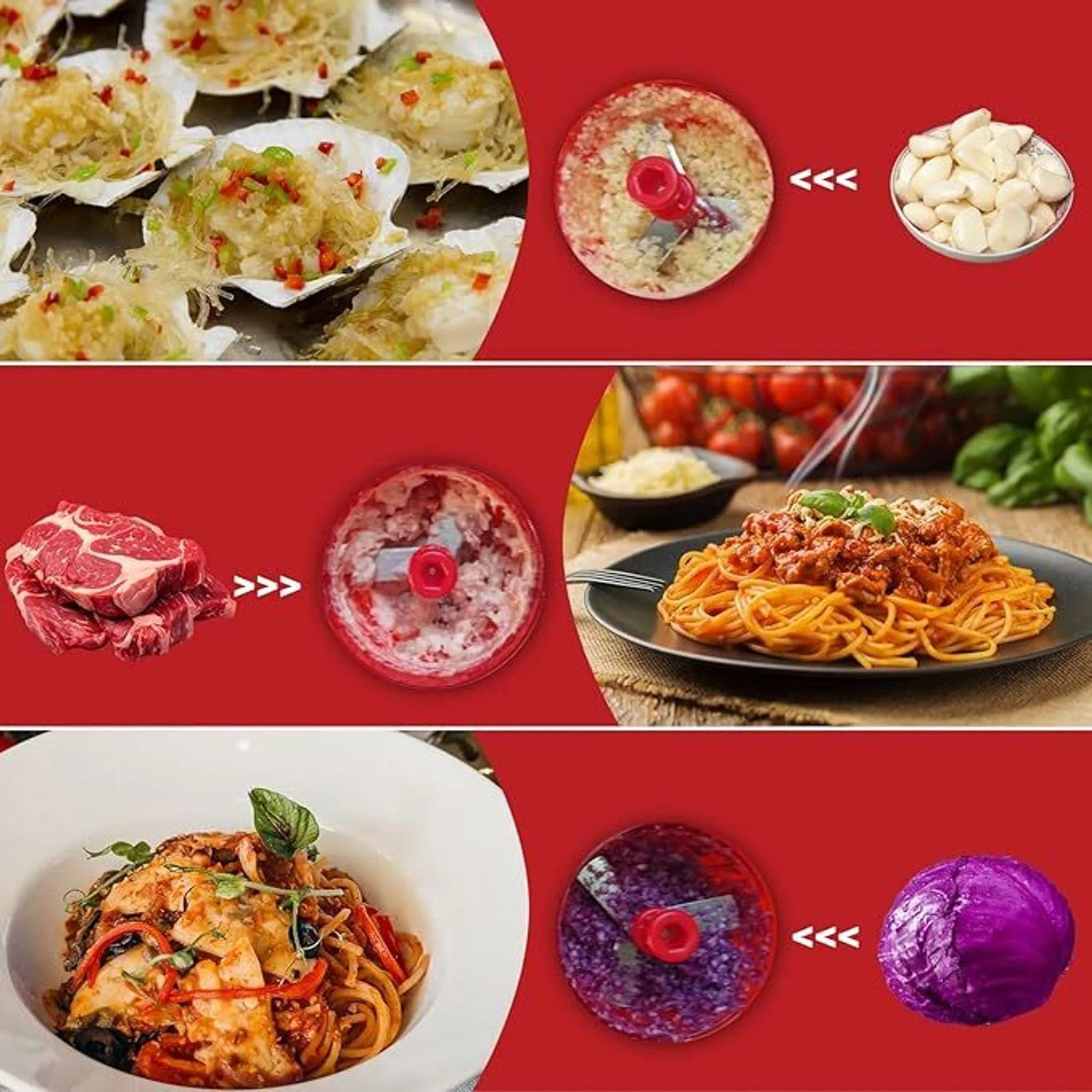 Gekochte Jakobsmuscheln, gehackter Knoblauch, rohes Fleisch, Spaghetti Bolognese, Nudeln mit Huhn und Rotkohl.