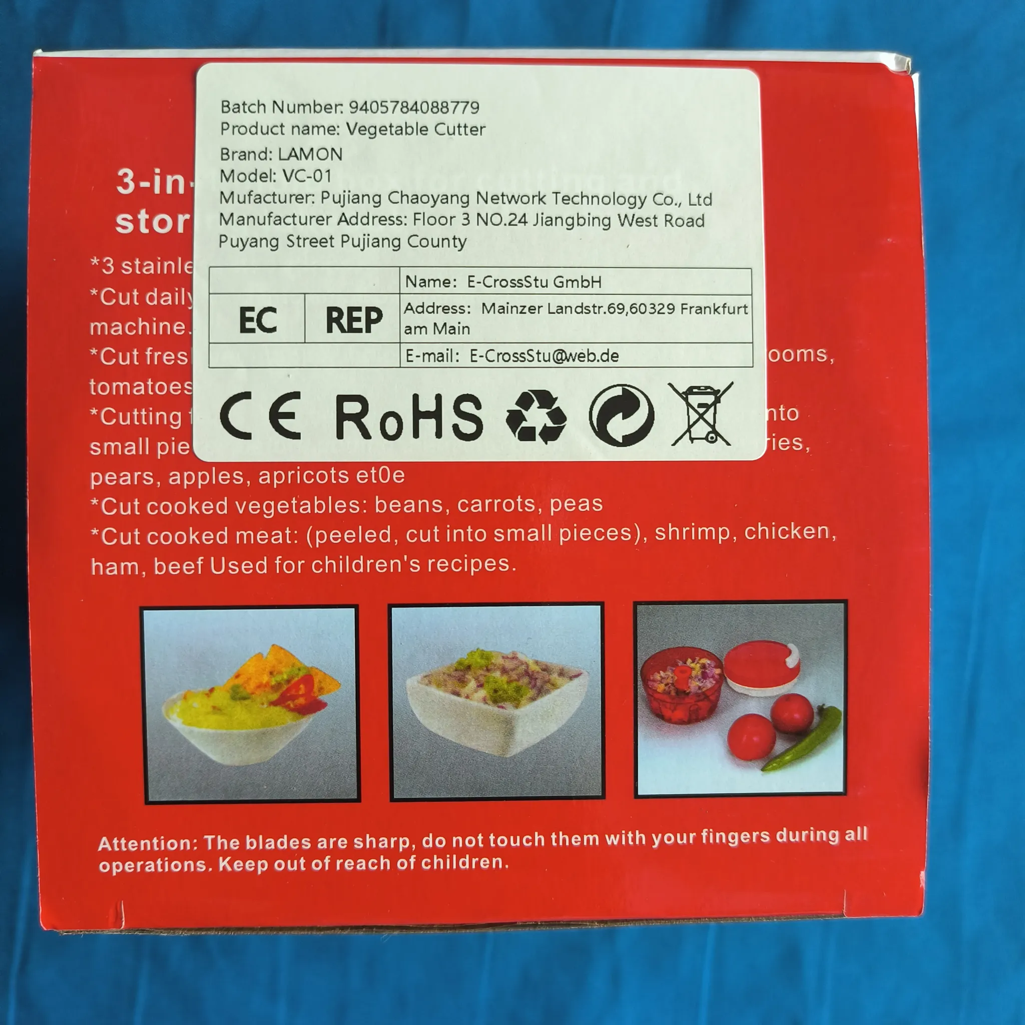 Verpackung für Gemüseschneider mit CE/RoHS-Siegeln und Produktbildern.
