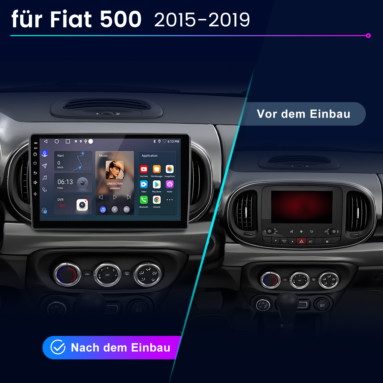 Vorher/Nachher Vergleich: Fiat 500 (2015-2019) Infotainment-System.