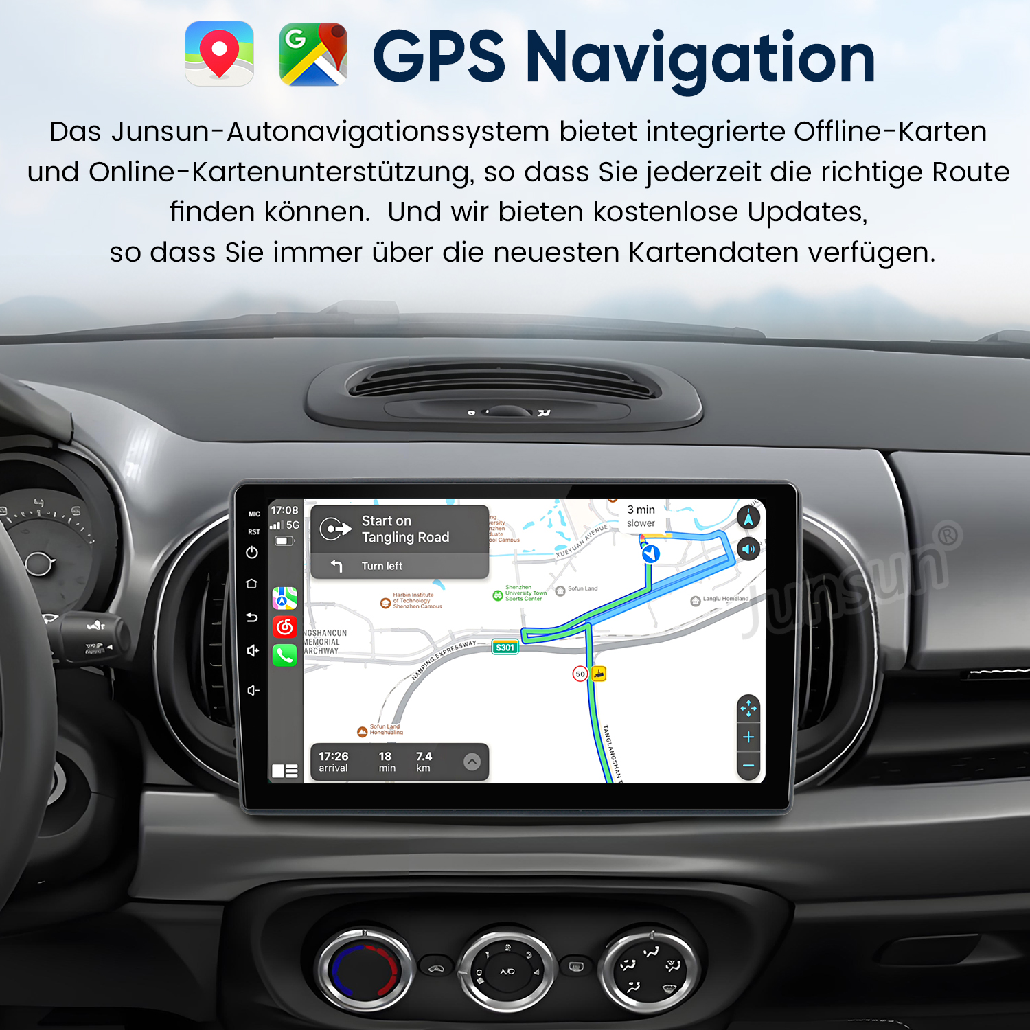 Navigationssystem im Auto zeigt eine Karte mit Route und Fahrinformationen.