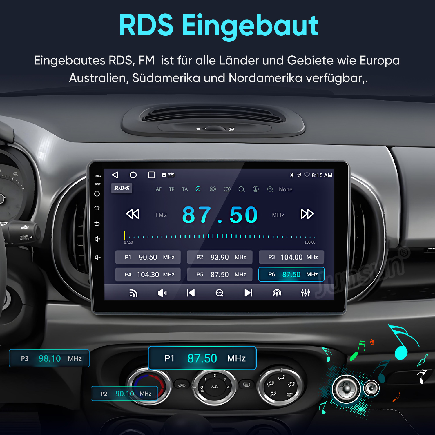 Ein Autoradio mit RDS-FM-Funktion, zeigt Sender 87.50 MHz an.